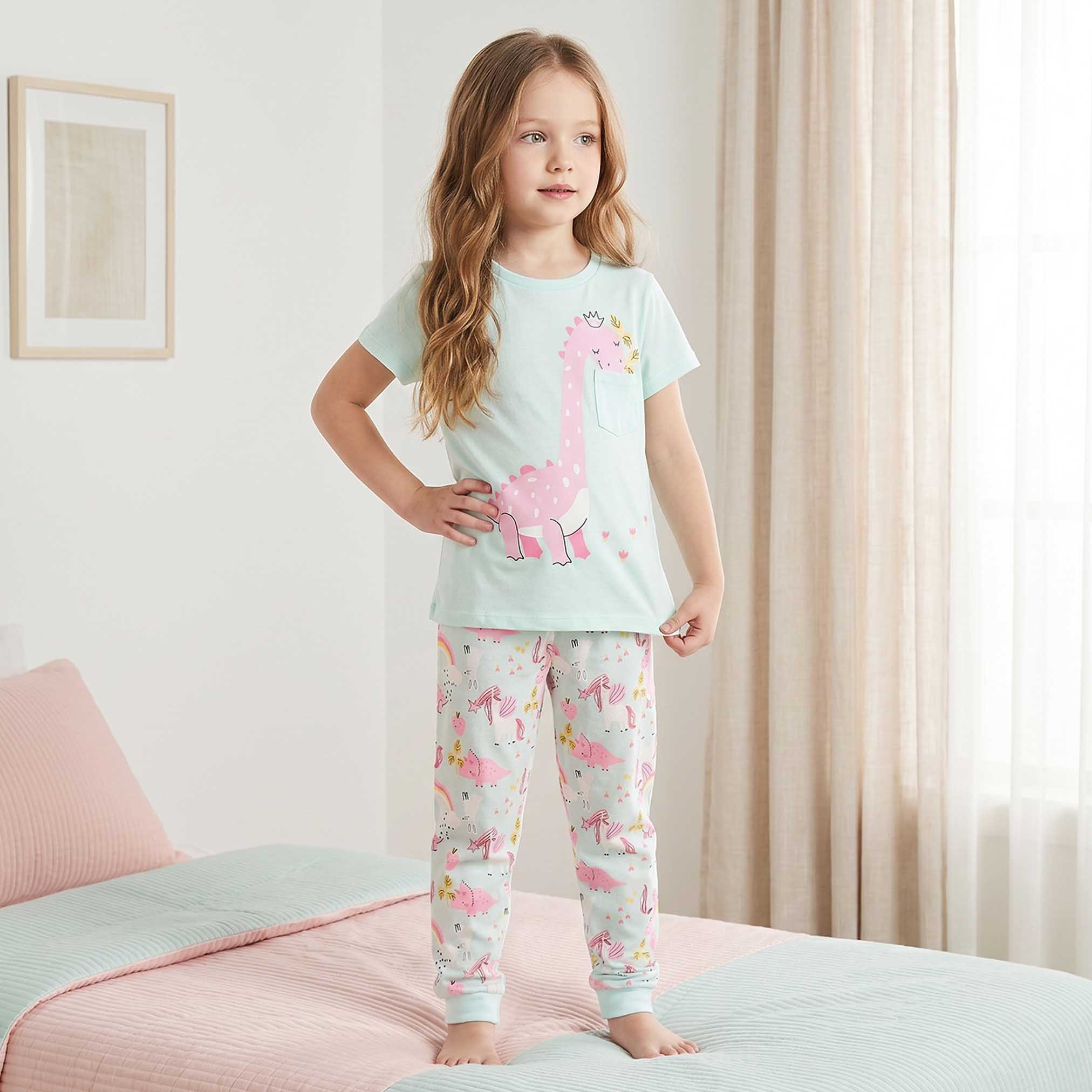 Juniors Cotton Crew Neck Short Sleeves Pyjama Set with Dinosaur Print-baby-girls-clothing-nightwear-pyjamasets-image-1