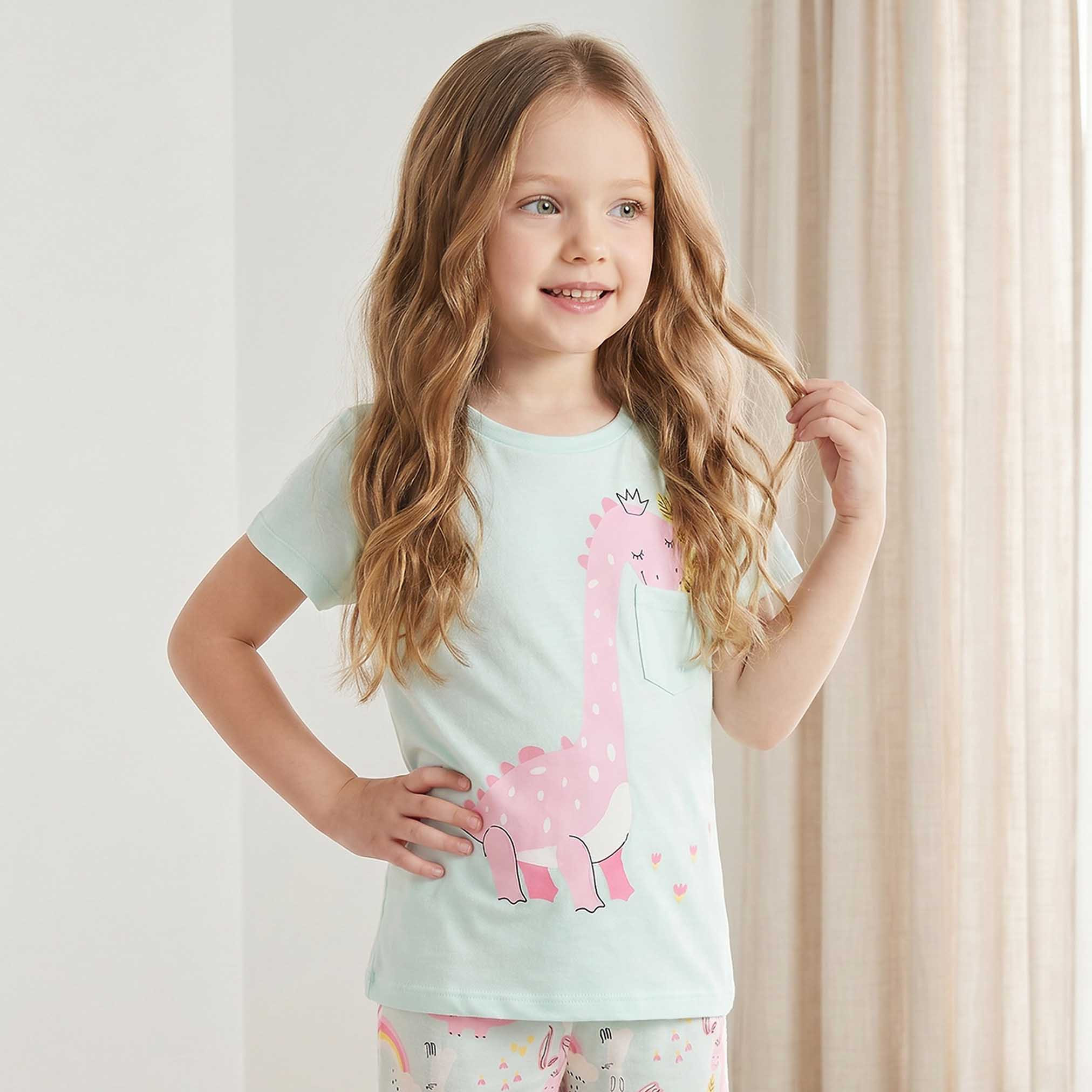 Juniors Cotton Crew Neck Short Sleeves Pyjama Set with Dinosaur Print-baby-girls-clothing-nightwear-pyjamasets-image-2