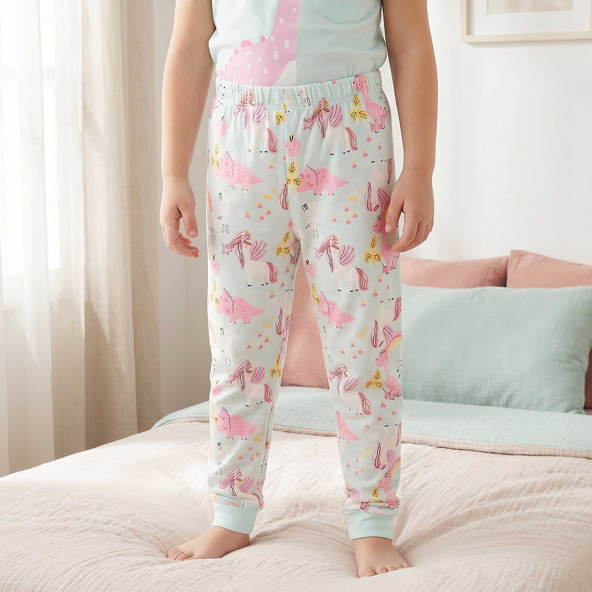 Juniors Cotton Crew Neck Short Sleeves Pyjama Set with Dinosaur Print-baby-girls-clothing-nightwear-pyjamasets-image-3