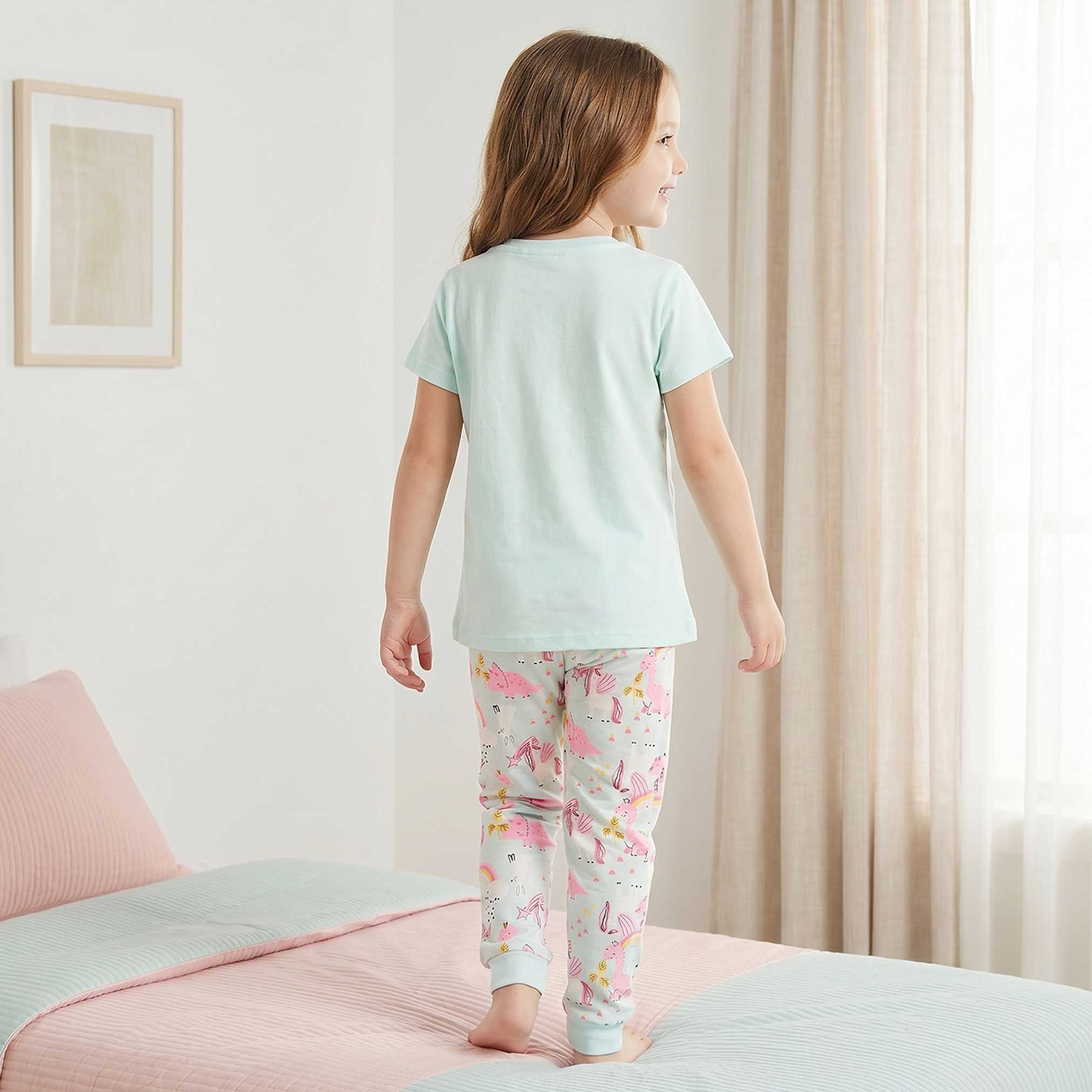 Juniors Cotton Crew Neck Short Sleeves Pyjama Set with Dinosaur Print-baby-girls-clothing-nightwear-pyjamasets-image-4