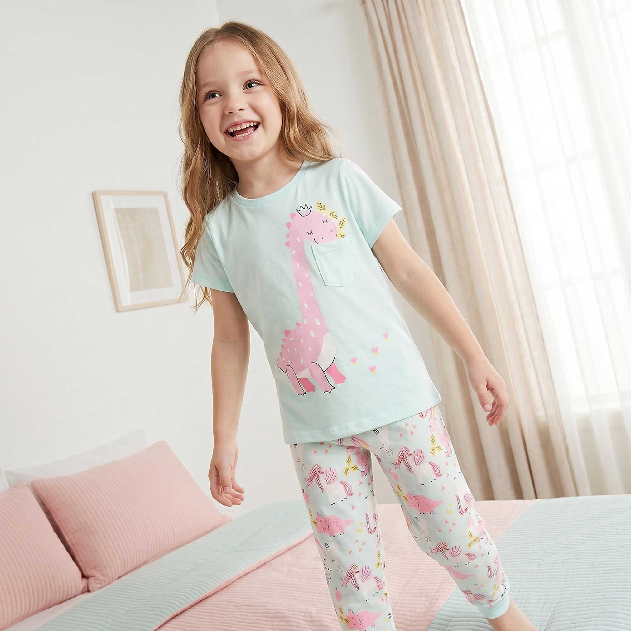 Juniors Cotton Crew Neck Short Sleeves Pyjama Set with Dinosaur Print-baby-girls-clothing-nightwear-pyjamasets-image-7