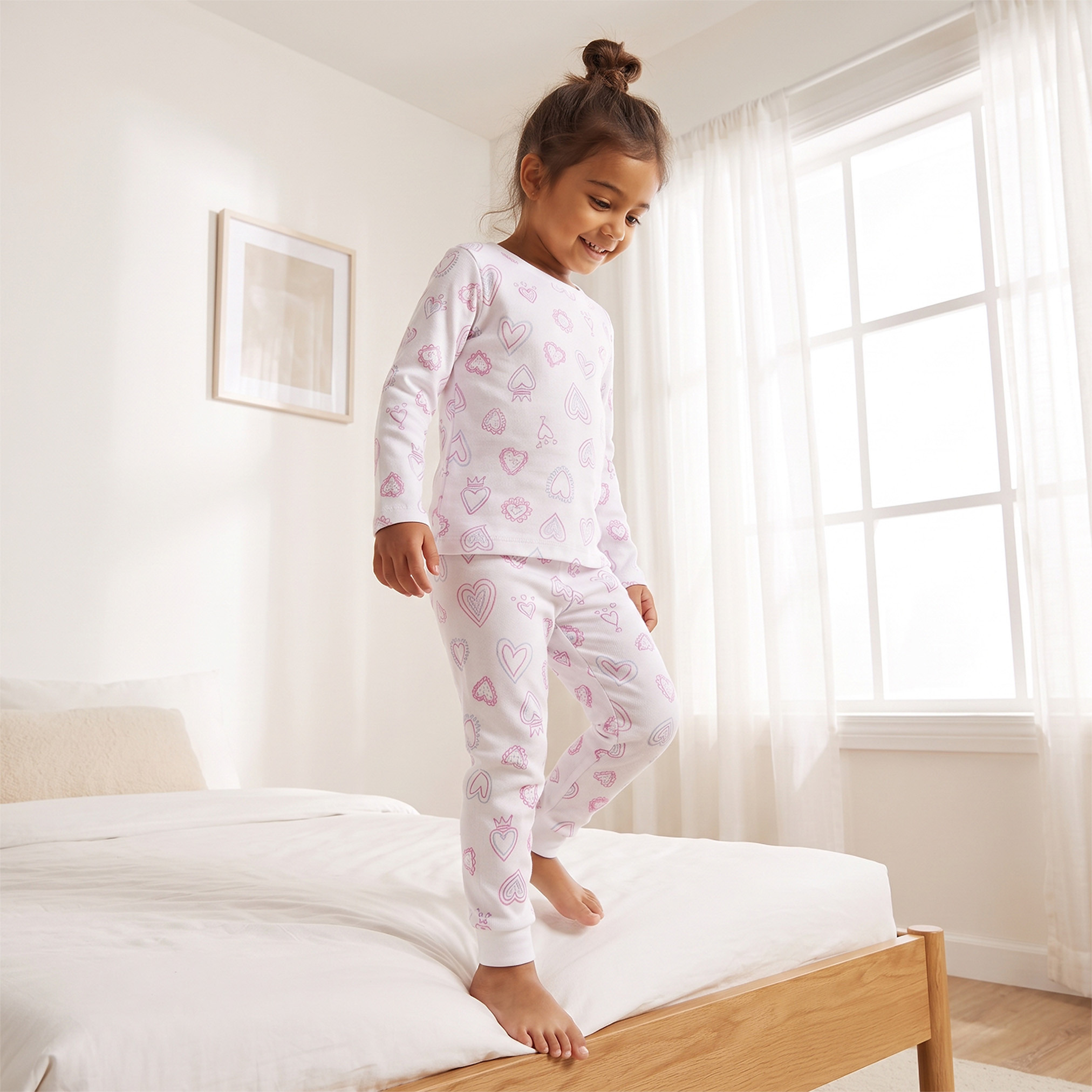 طقم بيجاما قطن بياقة مستديرة وأكمام طويلة وطبعات قلوب من جونيورز-girls-clothing-nightwear-image-7