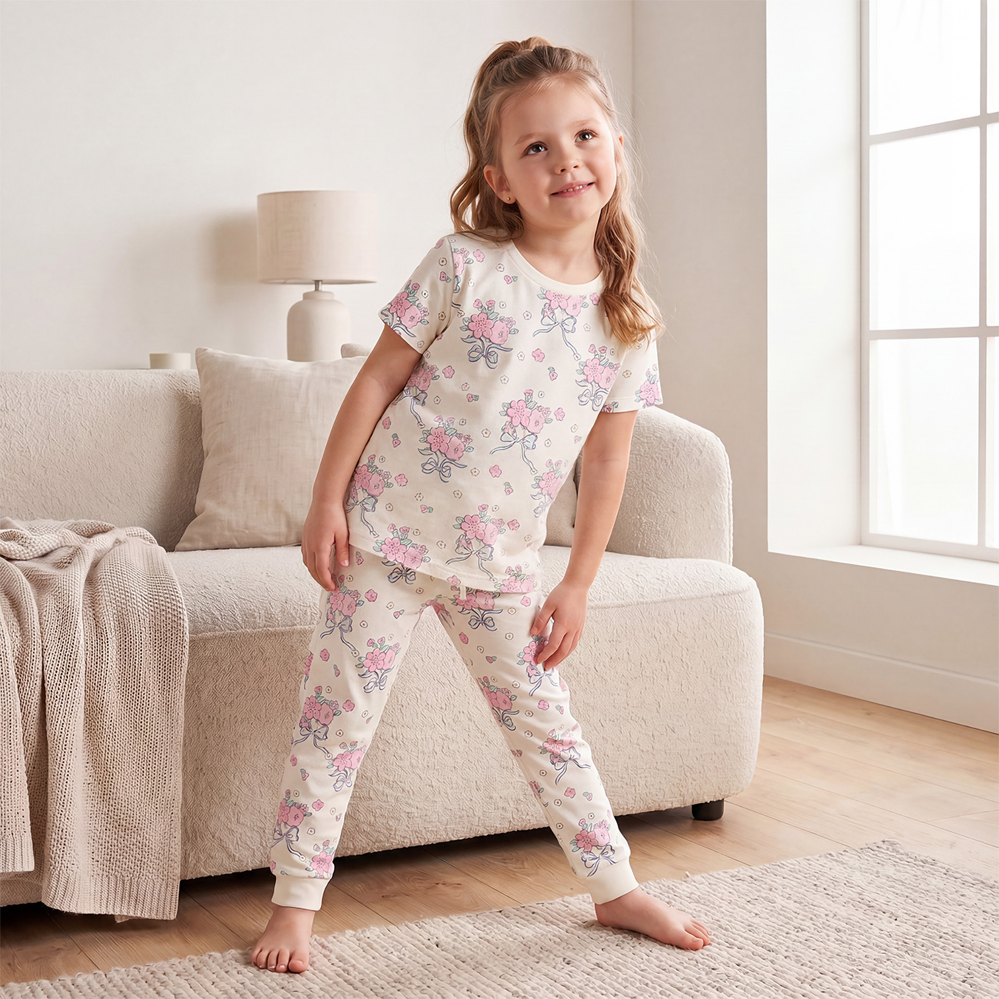 Juniors Cotton Crew Neck Short Sleeves Pyjama Set with Floral Print-girls-clothing-nightwear-image-1