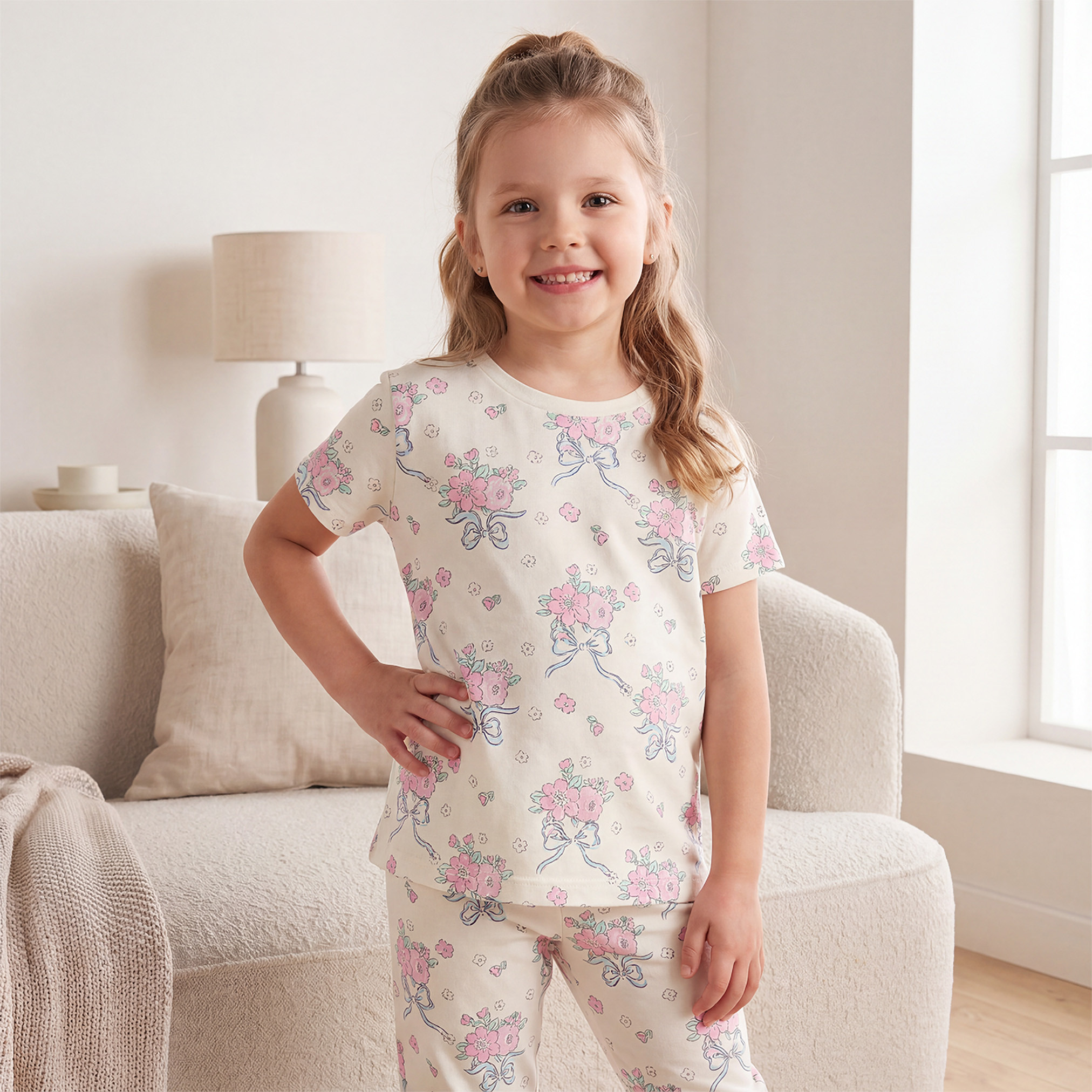 Juniors Cotton Crew Neck Short Sleeves Pyjama Set with Floral Print-girls-clothing-nightwear-image-2