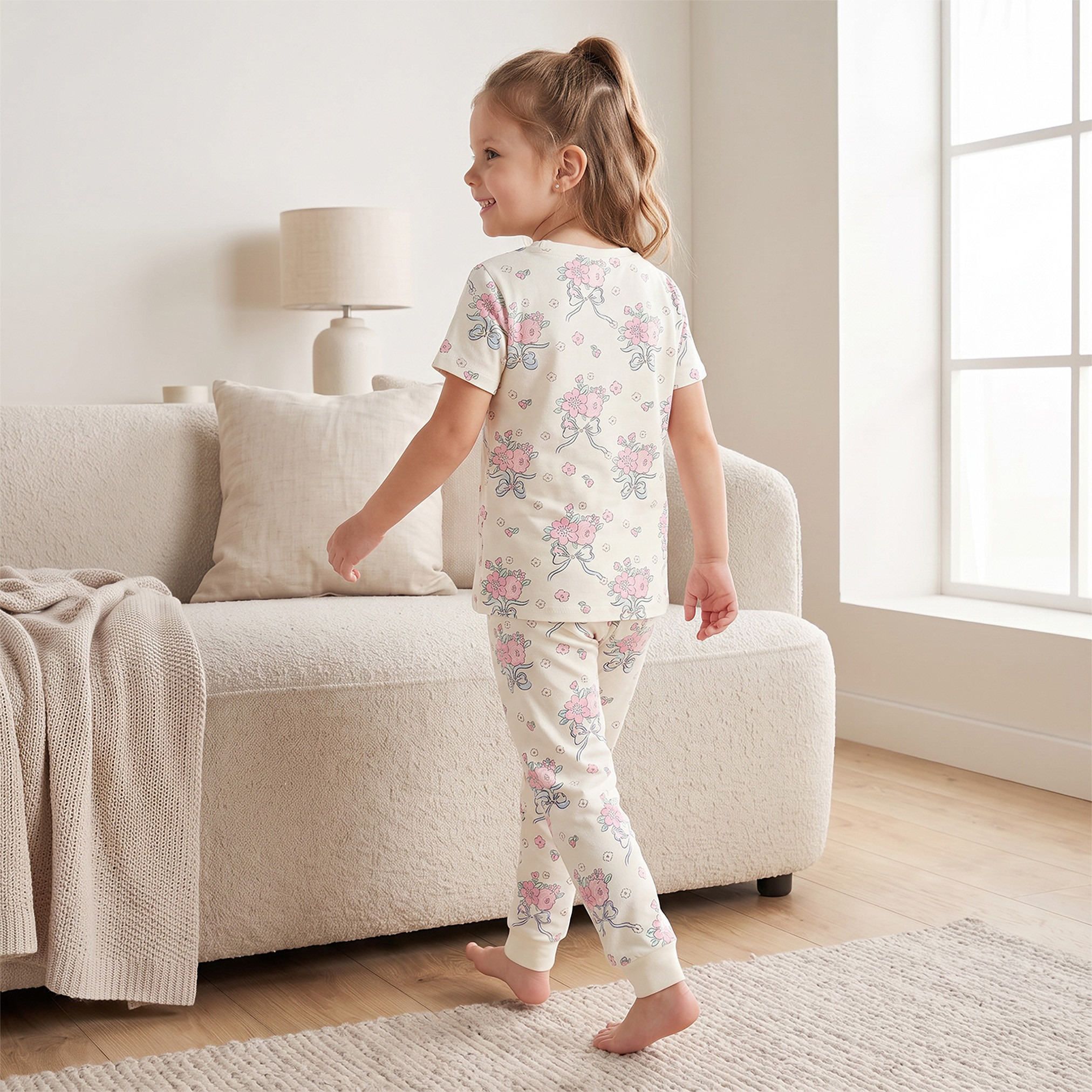 Juniors Cotton Crew Neck Short Sleeves Pyjama Set with Floral Print-girls-clothing-nightwear-image-4