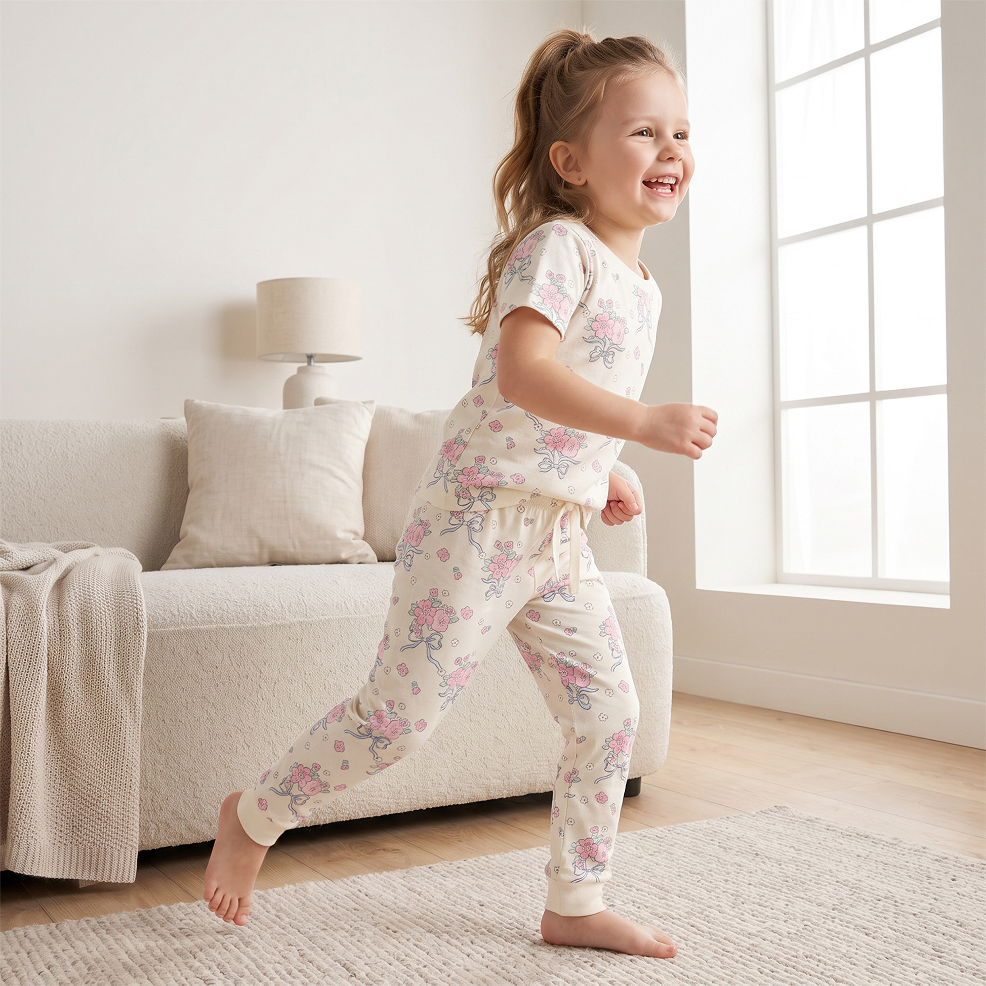 Juniors Cotton Crew Neck Short Sleeves Pyjama Set with Floral Print-girls-clothing-nightwear-image-7