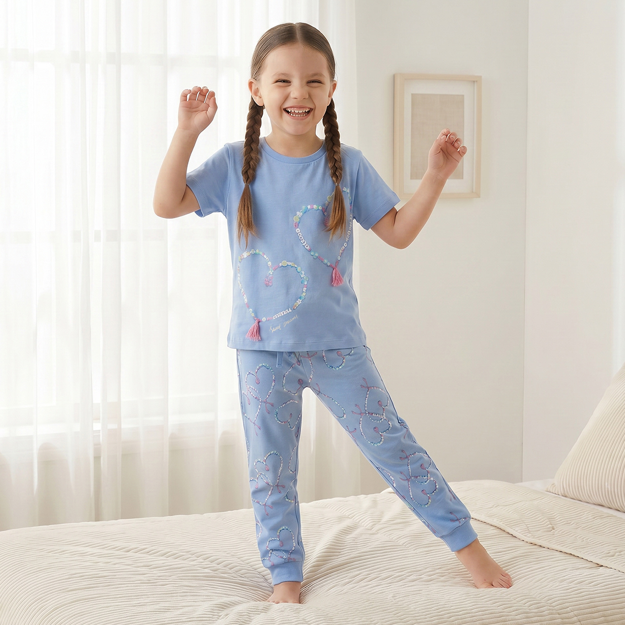 Juniors Cotton Crew Neck Short Sleeves Pyjama Set with Heart Print-girls-clothing-nightwear-image-1