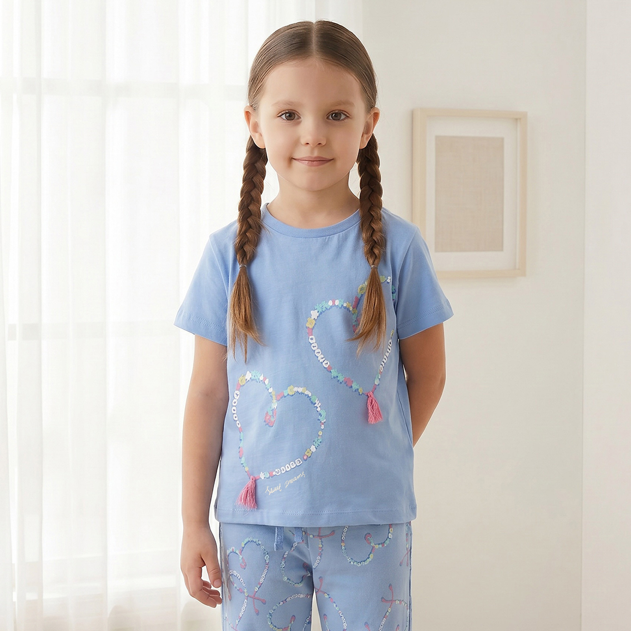 Juniors Cotton Crew Neck Short Sleeves Pyjama Set with Heart Print-girls-clothing-nightwear-image-2