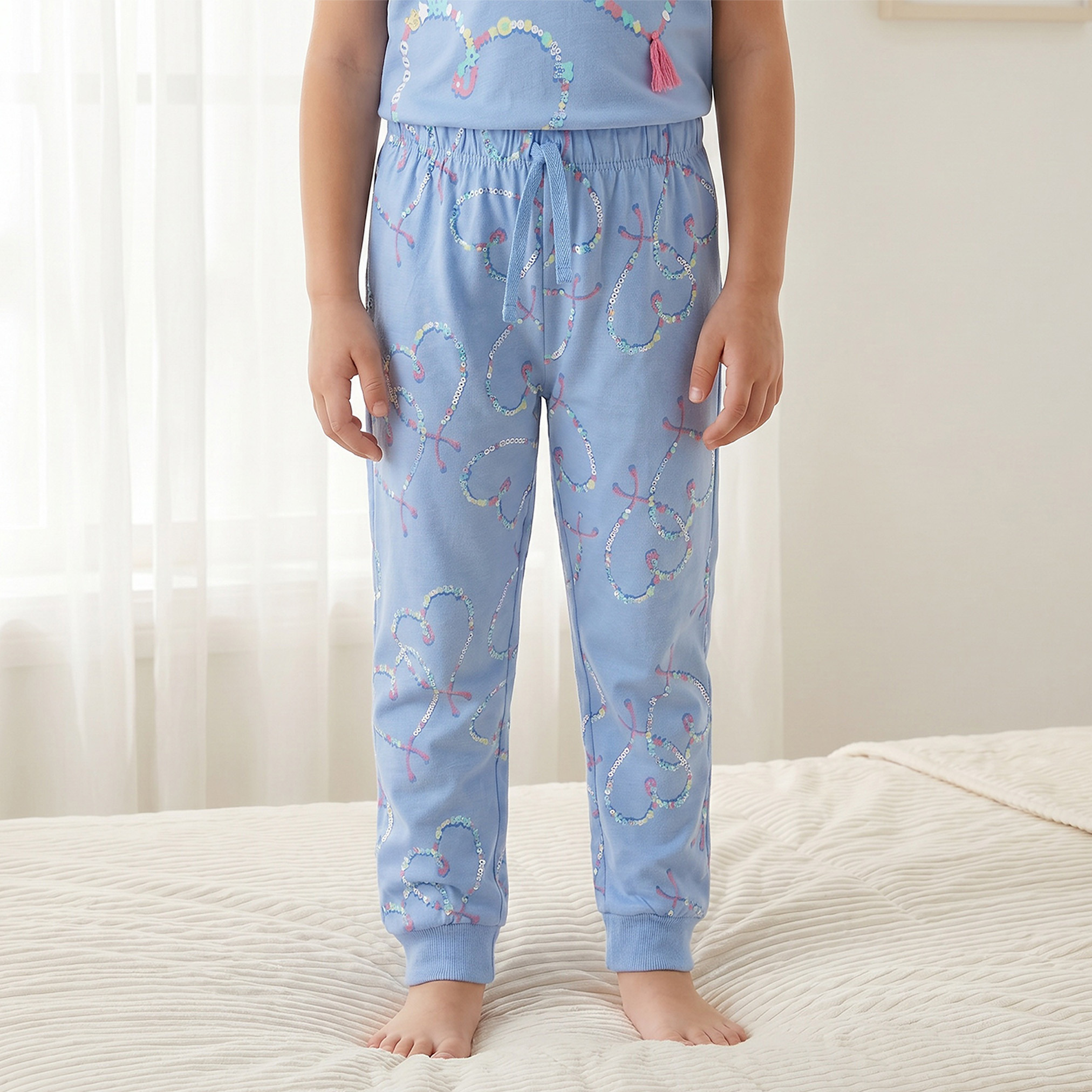 Juniors Cotton Crew Neck Short Sleeves Pyjama Set with Heart Print-girls-clothing-nightwear-image-3
