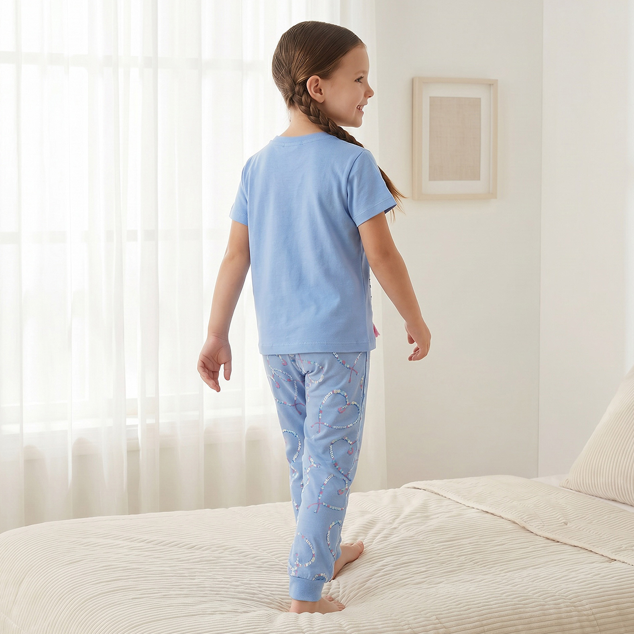 Juniors Cotton Crew Neck Short Sleeves Pyjama Set with Heart Print-girls-clothing-nightwear-image-4