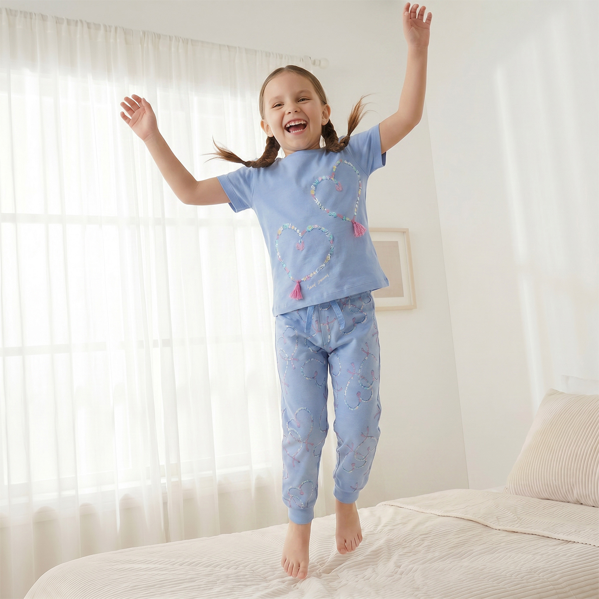Juniors Cotton Crew Neck Short Sleeves Pyjama Set with Heart Print-girls-clothing-nightwear-image-7