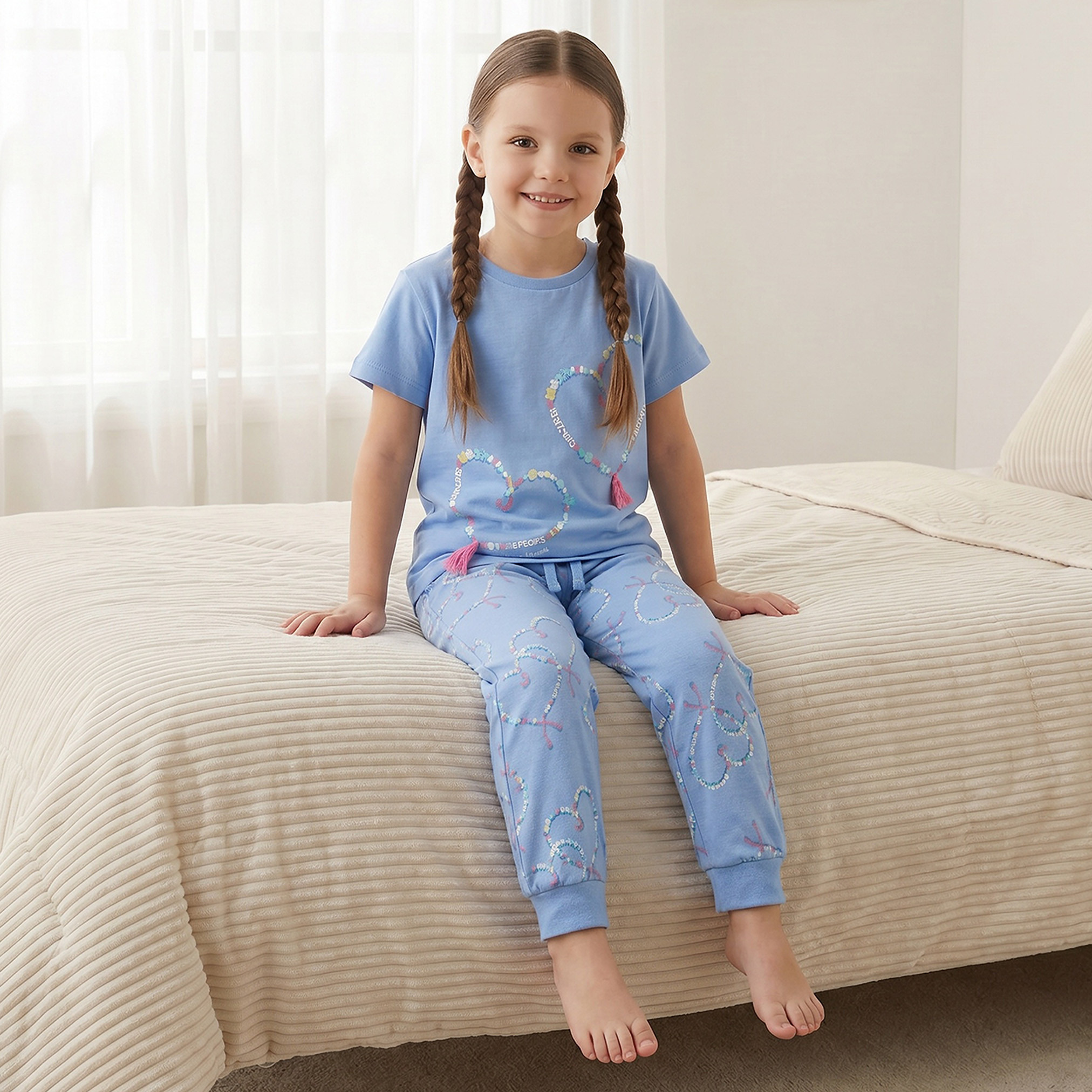 Juniors Cotton Crew Neck Short Sleeves Pyjama Set with Heart Print-girls-clothing-nightwear-image-8