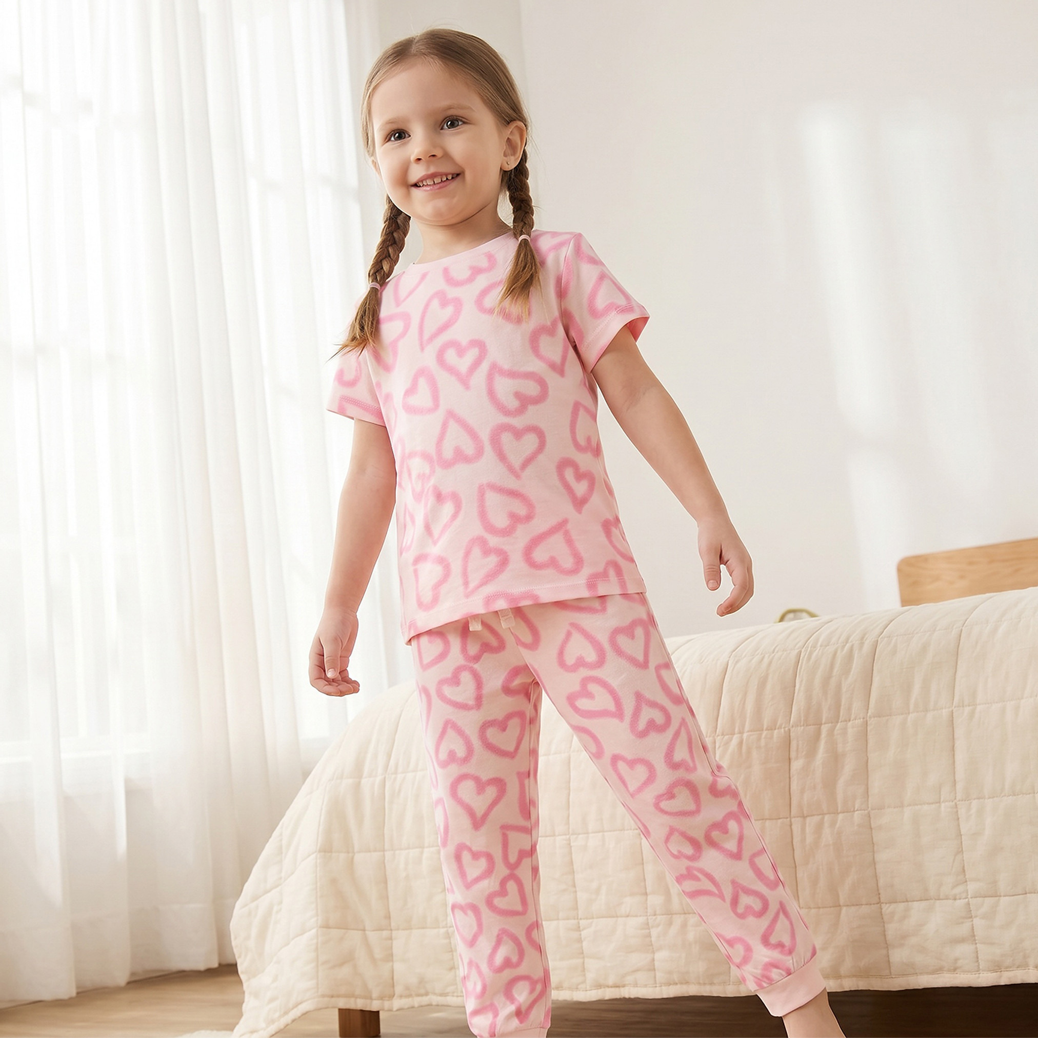 Juniors Cotton Crew Neck Short Sleeves Pyjama Set with Heart Print-girls-clothing-nightwear-image-1