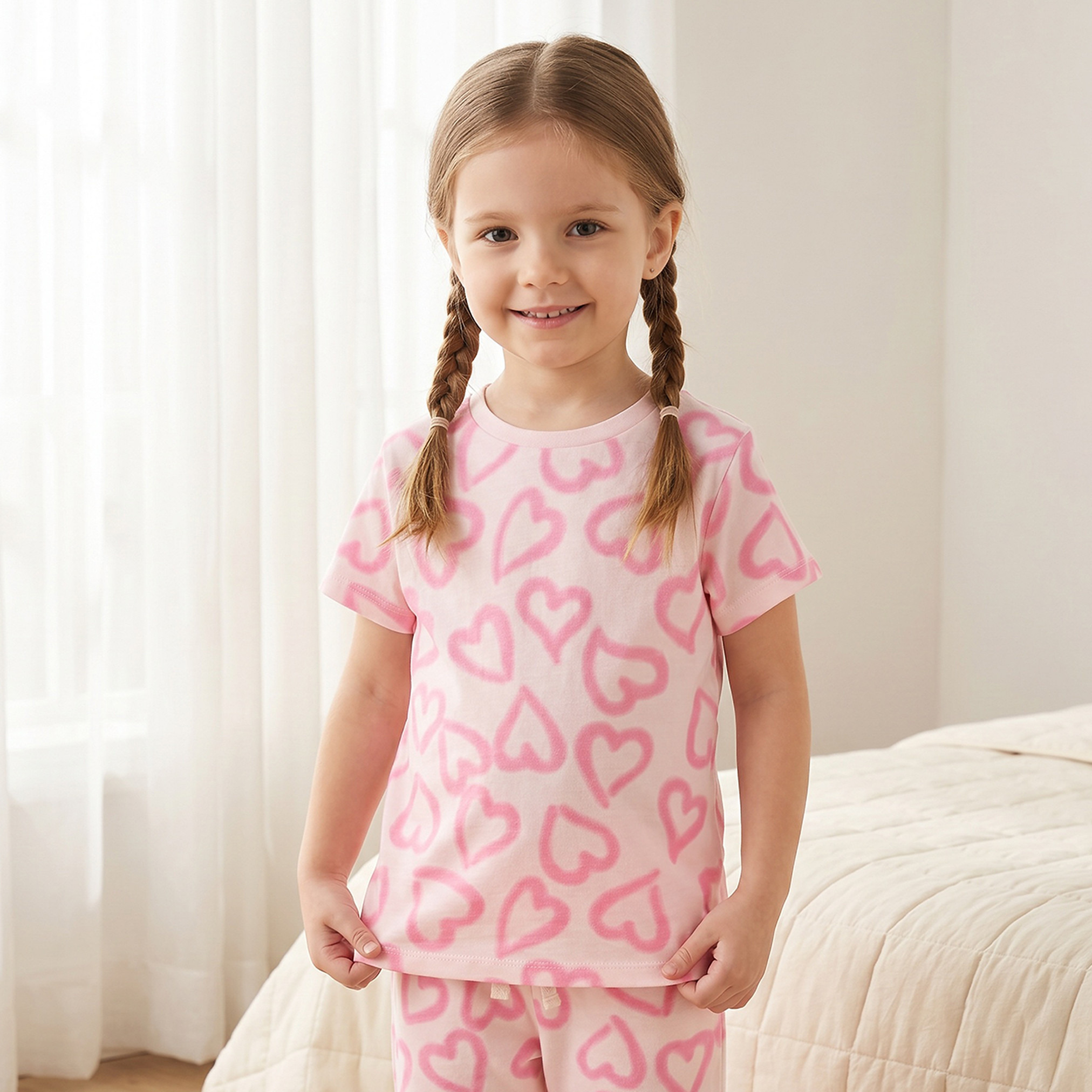 Juniors Cotton Crew Neck Short Sleeves Pyjama Set with Heart Print-girls-clothing-nightwear-image-2