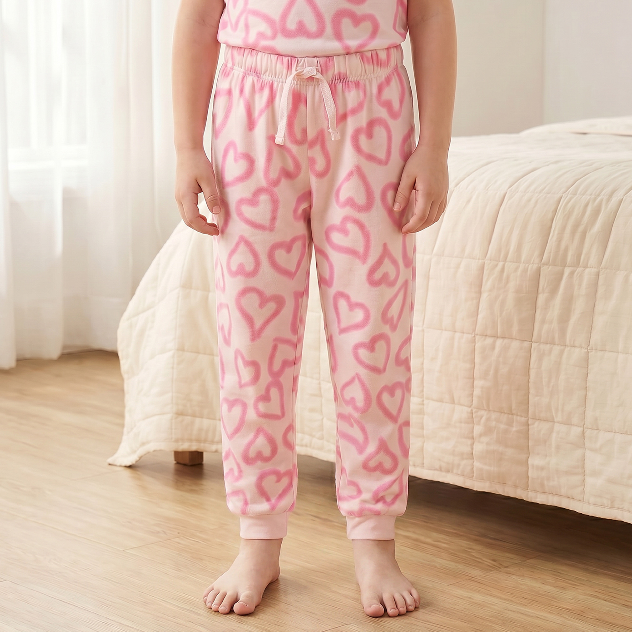 Juniors Cotton Crew Neck Short Sleeves Pyjama Set with Heart Print-girls-clothing-nightwear-image-3