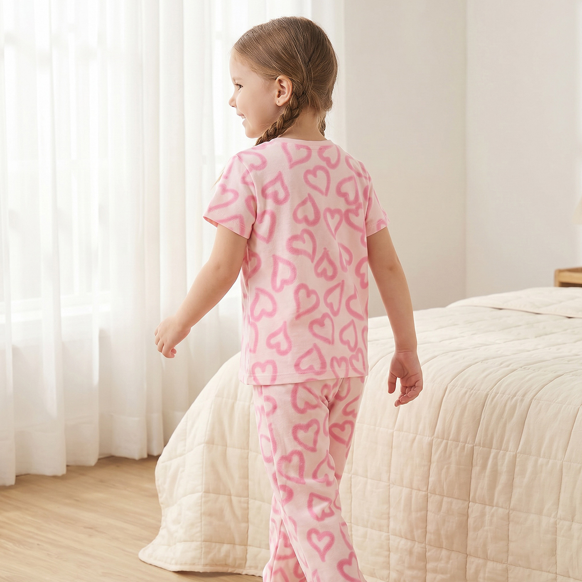 Juniors Cotton Crew Neck Short Sleeves Pyjama Set with Heart Print-girls-clothing-nightwear-image-4