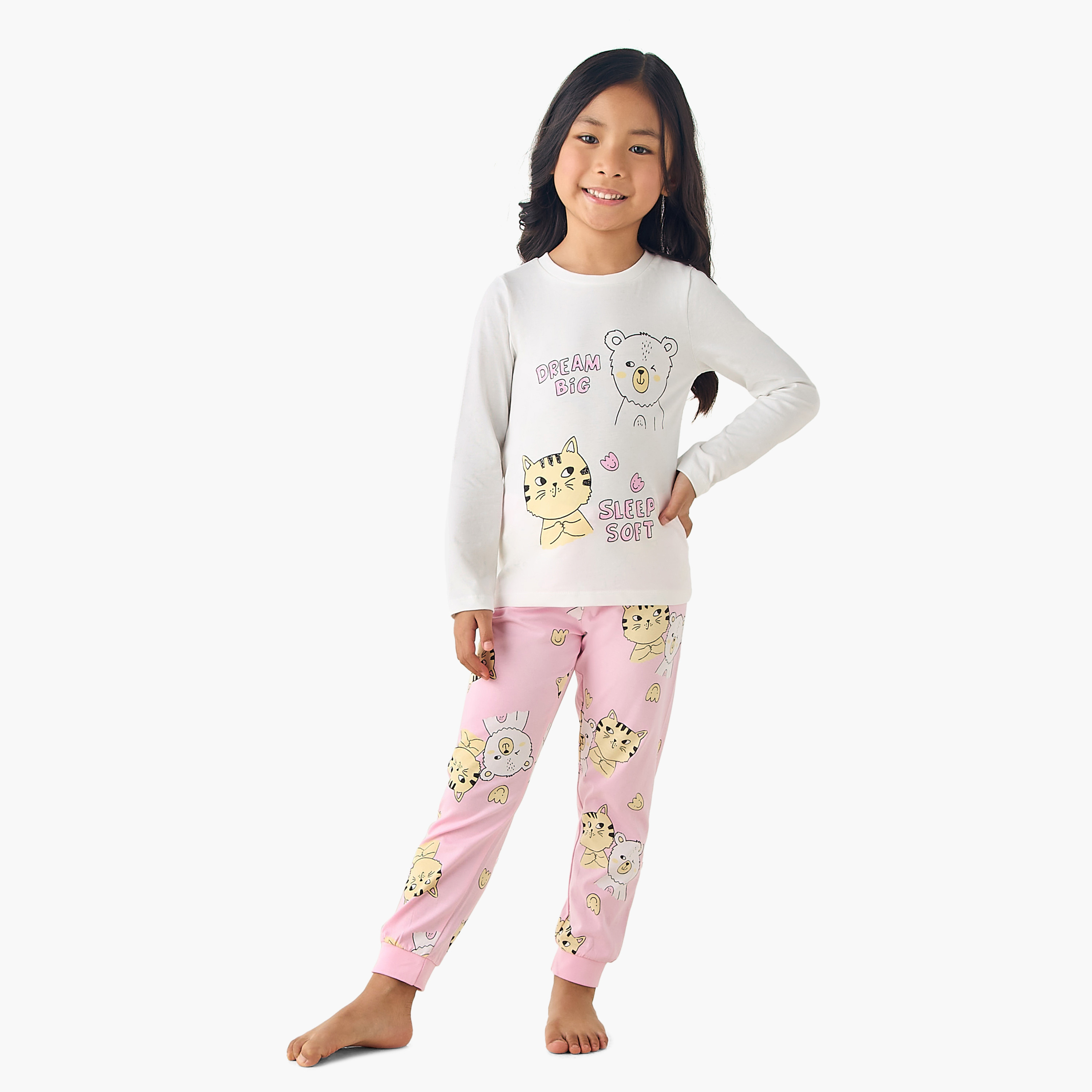 Pack of 3 Juniors Cotton Long Sleeves Pyjama Set with Graphic Print-baby-girls-clothing-nightwear-pyjamasets-image-4