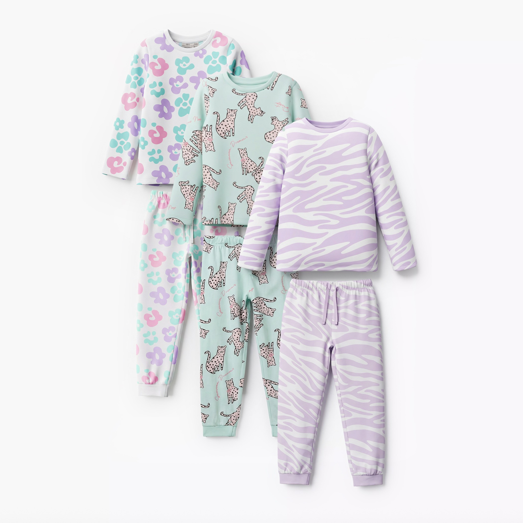 طقم بيجاما قطن بياقة مستديرة بأكمام طويلة بطبعات متنوعة من جونيورز - طقم من 3 أطقم-baby-girls-clothing-nightwear-pyjamasets-image-9