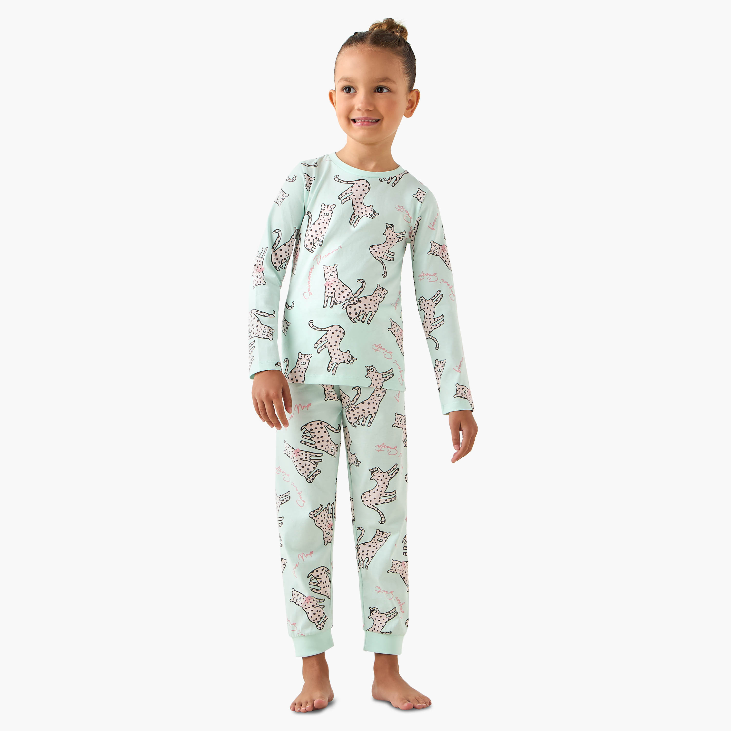 طقم بيجاما قطن بياقة مستديرة بأكمام طويلة بطبعات متنوعة من جونيورز - طقم من 3 أطقم-baby-girls-clothing-nightwear-pyjamasets-image-6
