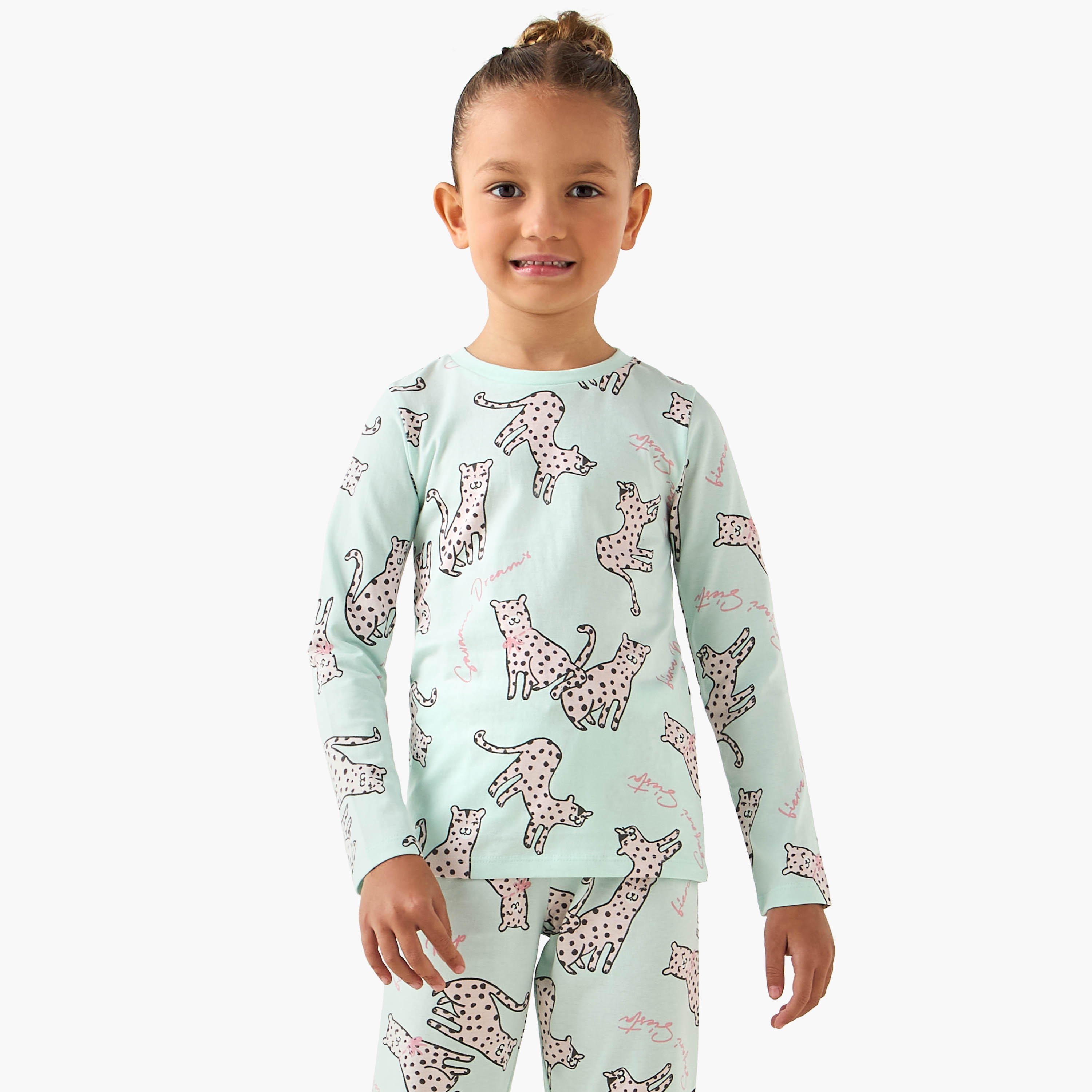 طقم بيجاما قطن بياقة مستديرة بأكمام طويلة بطبعات متنوعة من جونيورز - طقم من 3 أطقم-baby-girls-clothing-nightwear-pyjamasets-image-4