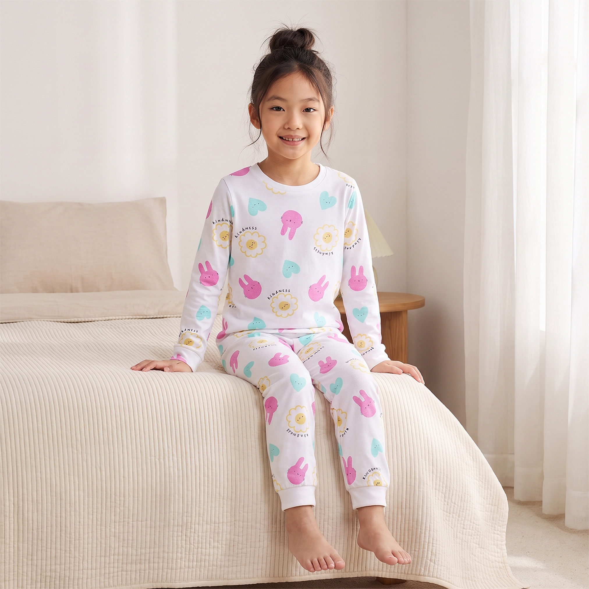 طقم بيجاما قطن بطبعات أرنب وأكمام طويلة وياقة ضيقة من جونيورز-girls-clothing-nightwear-image-8