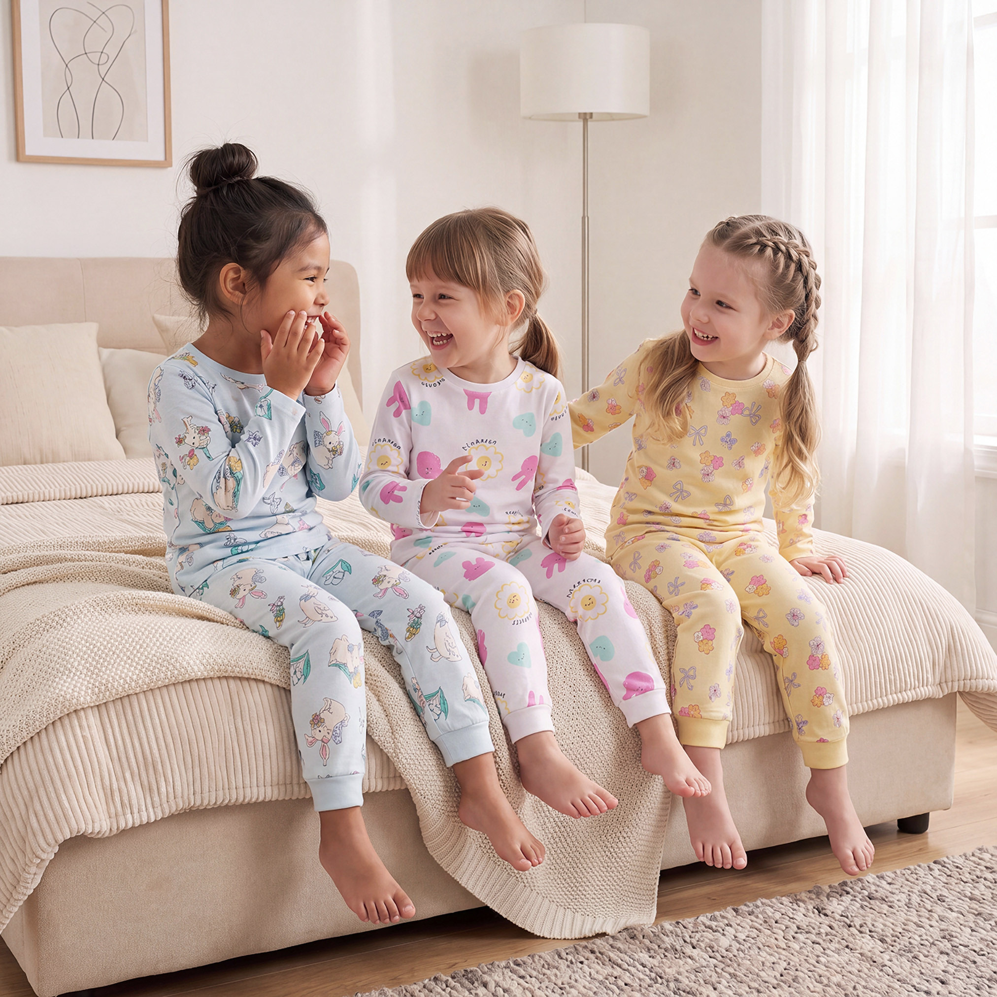 طقم بيجاما قطن بياقة ضيقة وأكمام طويلة بطبعات متنوعة من جونيورز - عبوة من 3 قطع-girls-clothing-nightwear-image-1