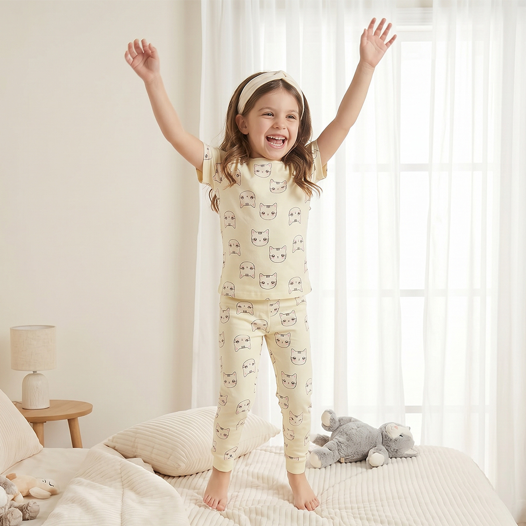 طقم بيجاما قطن بطبعات قطة وياقة ضيقة وأكمام قصيرة من جونيورز-girls-clothing-nightwear-image-1