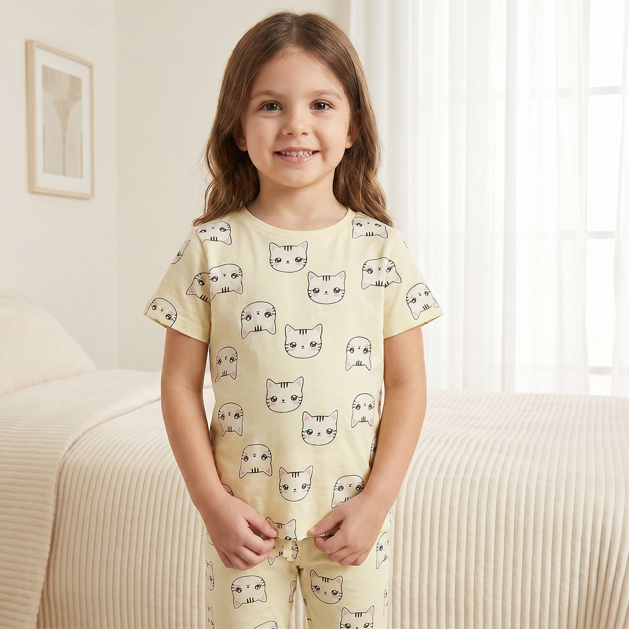 طقم بيجاما قطن بطبعات قطة وياقة ضيقة وأكمام قصيرة من جونيورز-girls-clothing-nightwear-image-2