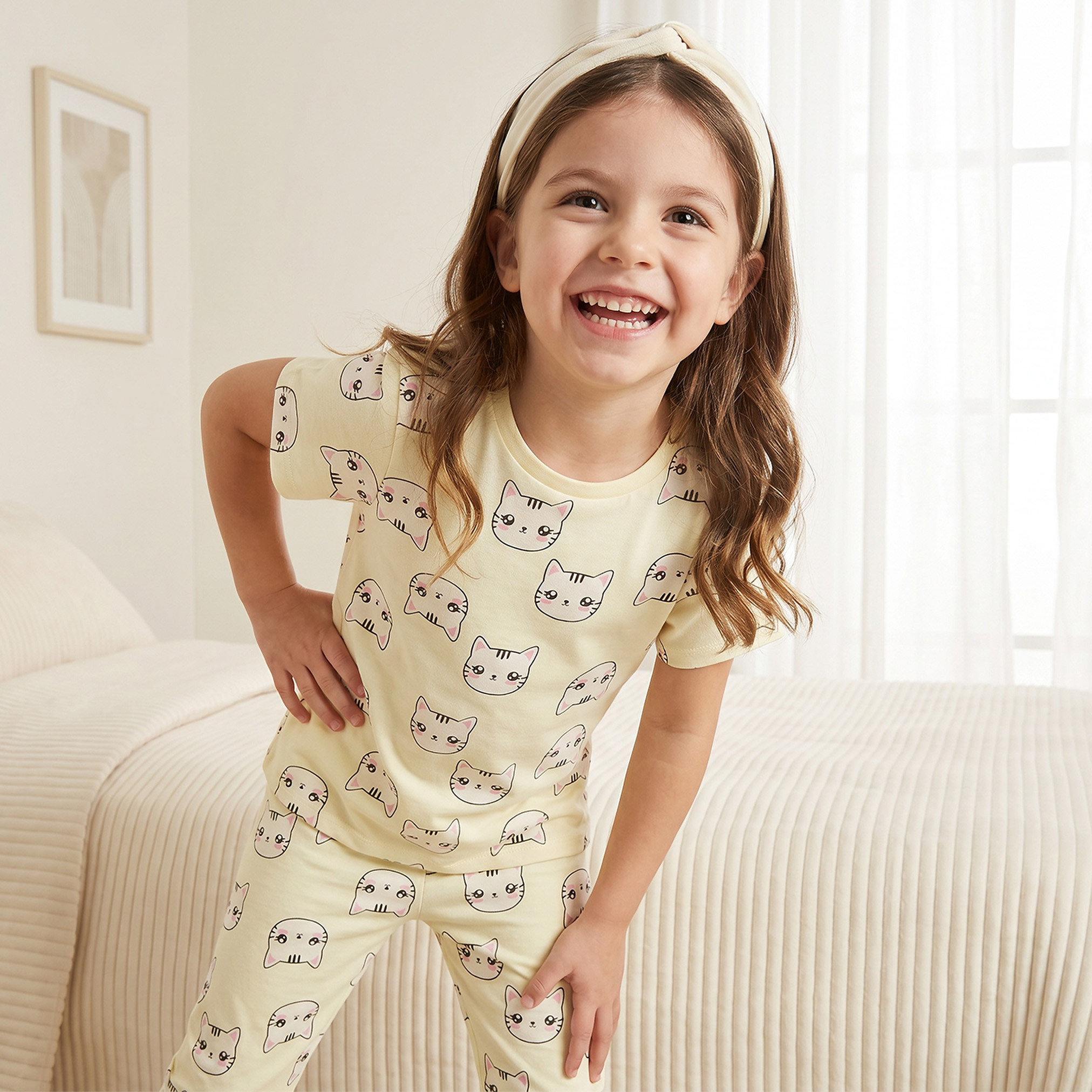 طقم بيجاما قطن بطبعات قطة وياقة ضيقة وأكمام قصيرة من جونيورز-girls-clothing-nightwear-image-9