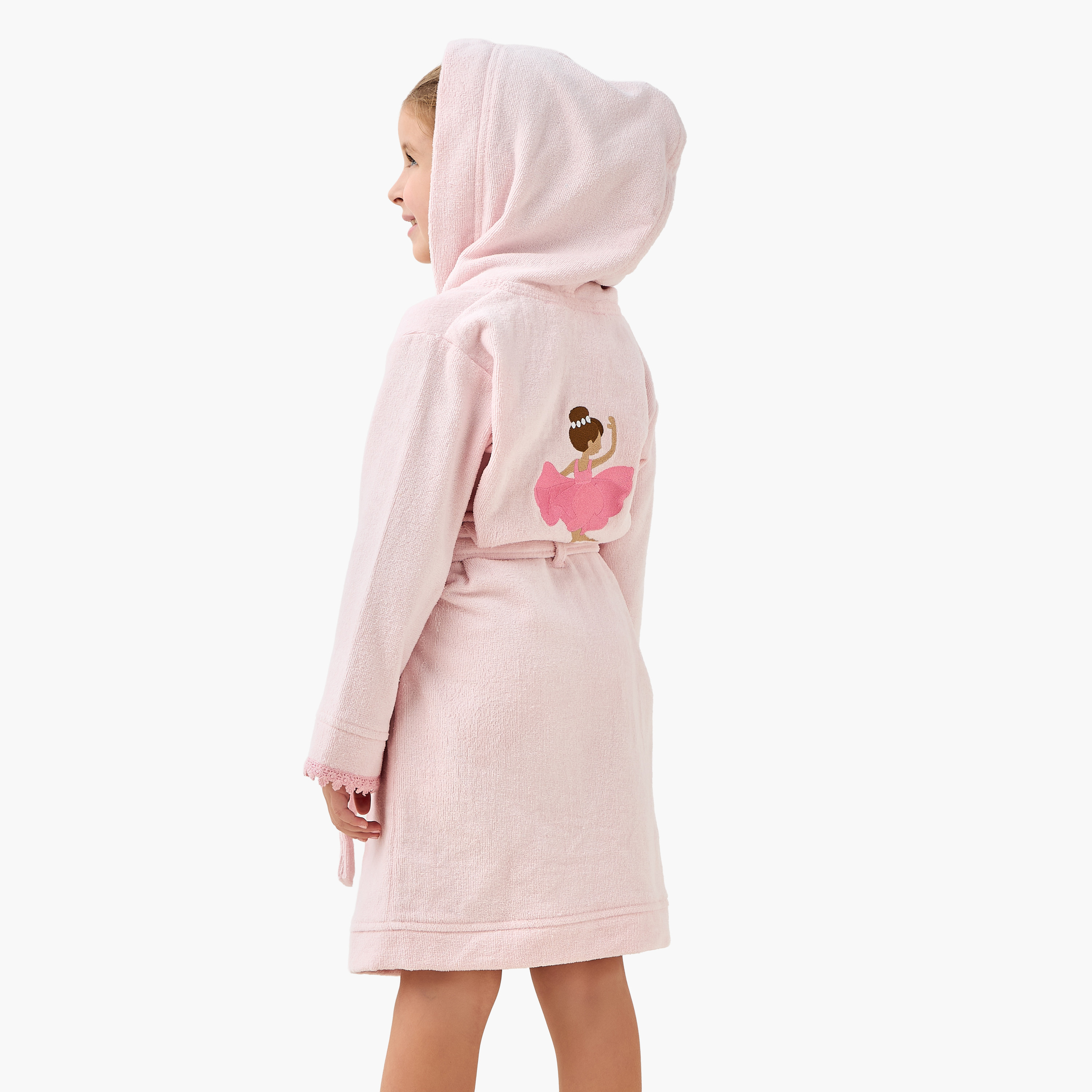 Juniors Terry Hooded Long Sleeves Bathrobe with Ballerina Embroidery-girls-clothing-nightwear-image-1