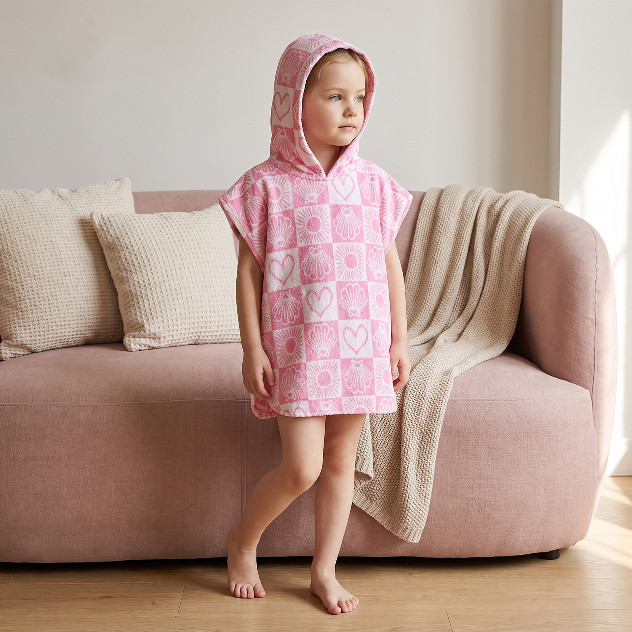 Juniors Cotton Hooded Short Sleeves Bathrobe with Tile Print-girls-clothing-nightwear-image-1