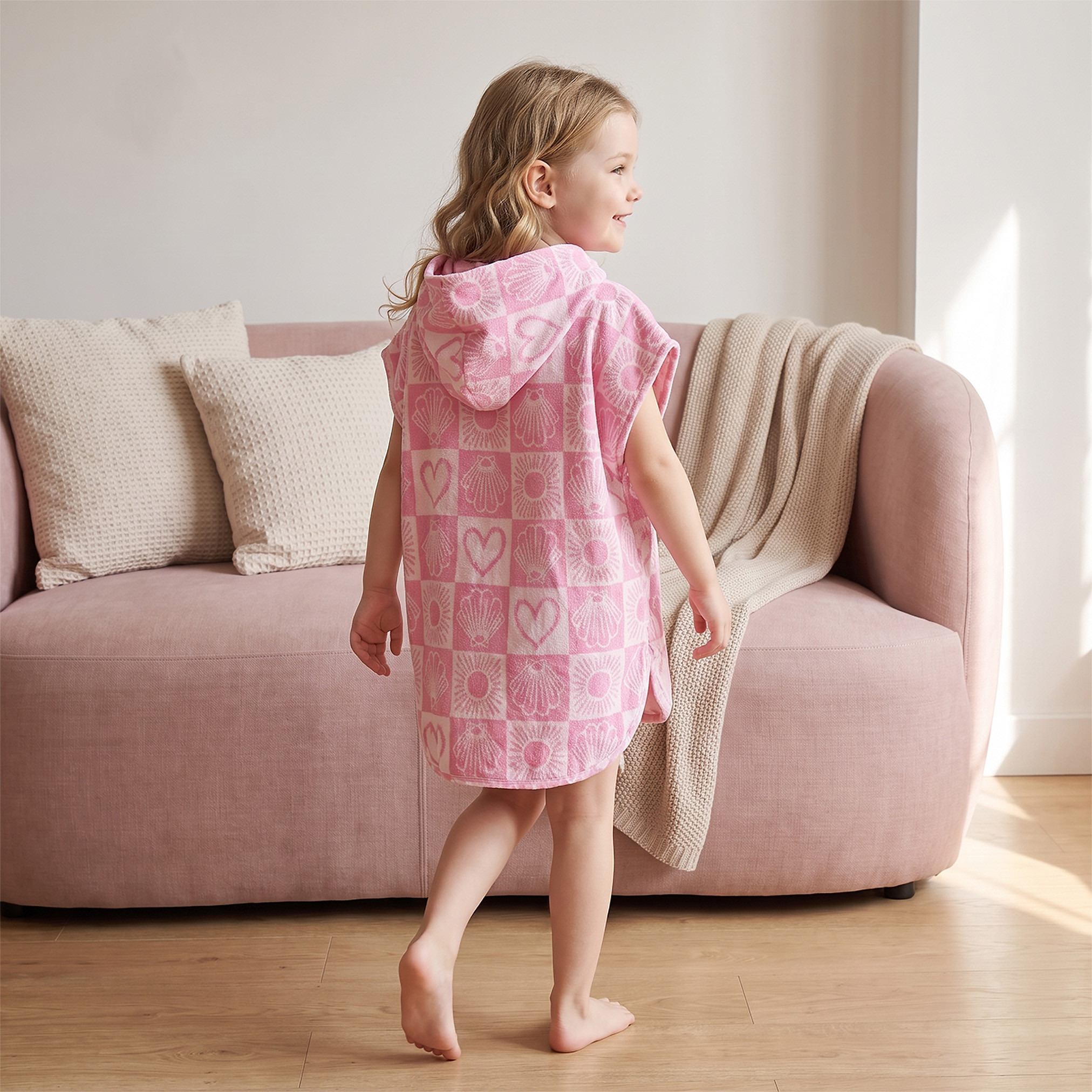Juniors Cotton Hooded Short Sleeves Bathrobe with Tile Print-girls-clothing-nightwear-image-2