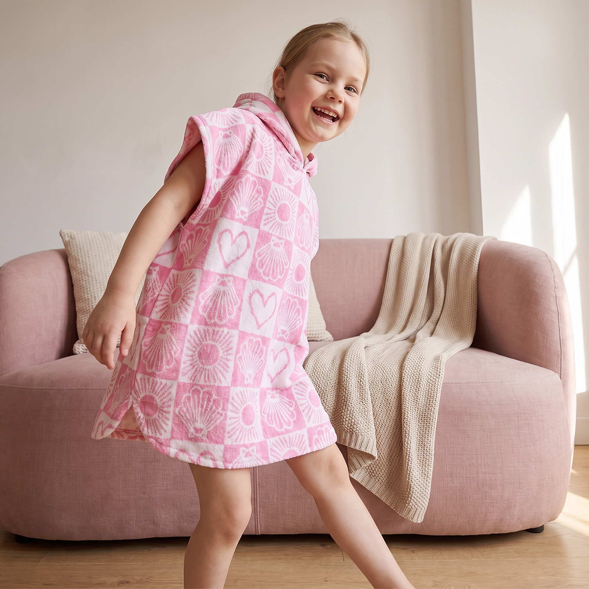 Juniors Cotton Hooded Short Sleeves Bathrobe with Tile Print-girls-clothing-nightwear-image-4