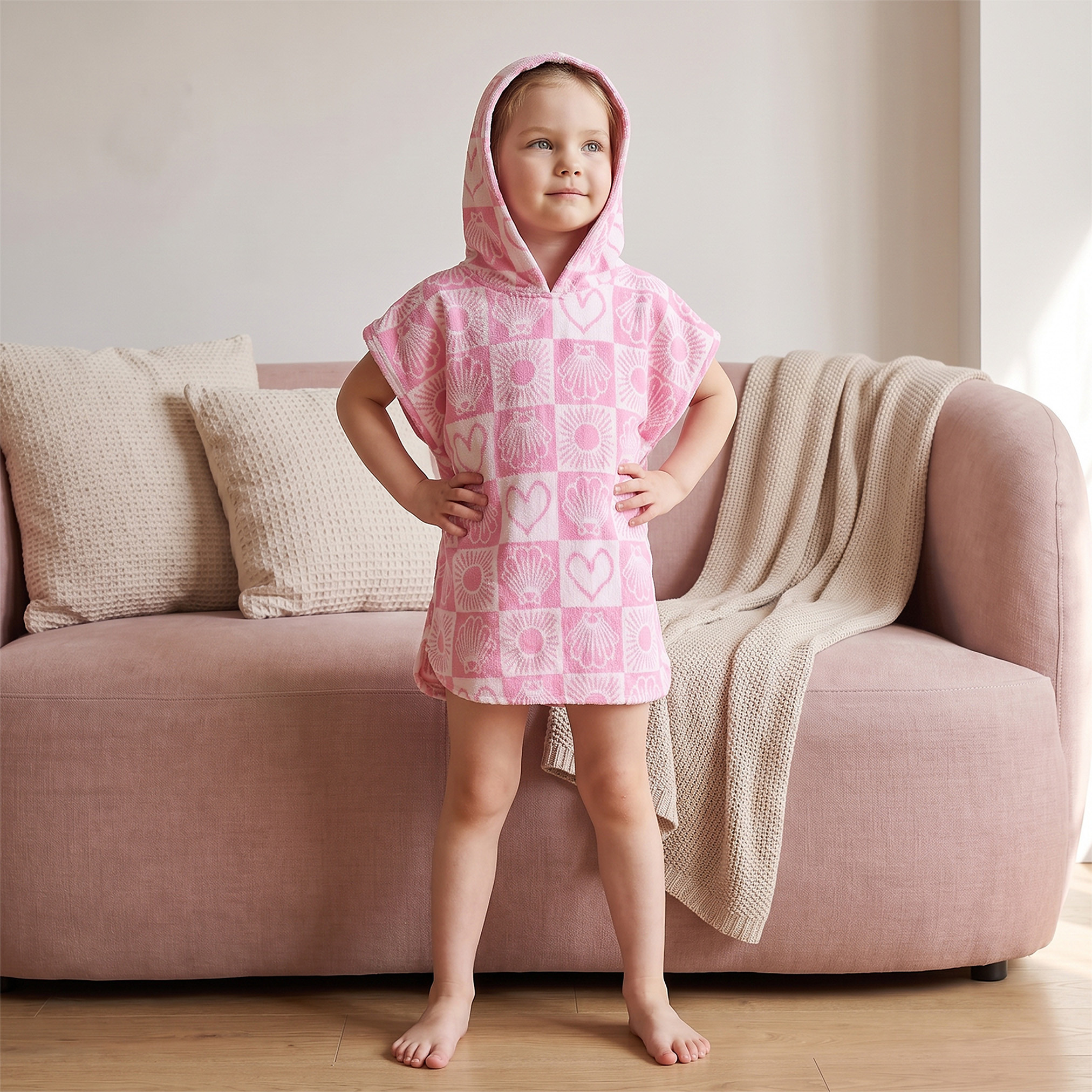 Juniors Cotton Hooded Short Sleeves Bathrobe with Tile Print-girls-clothing-nightwear-image-5