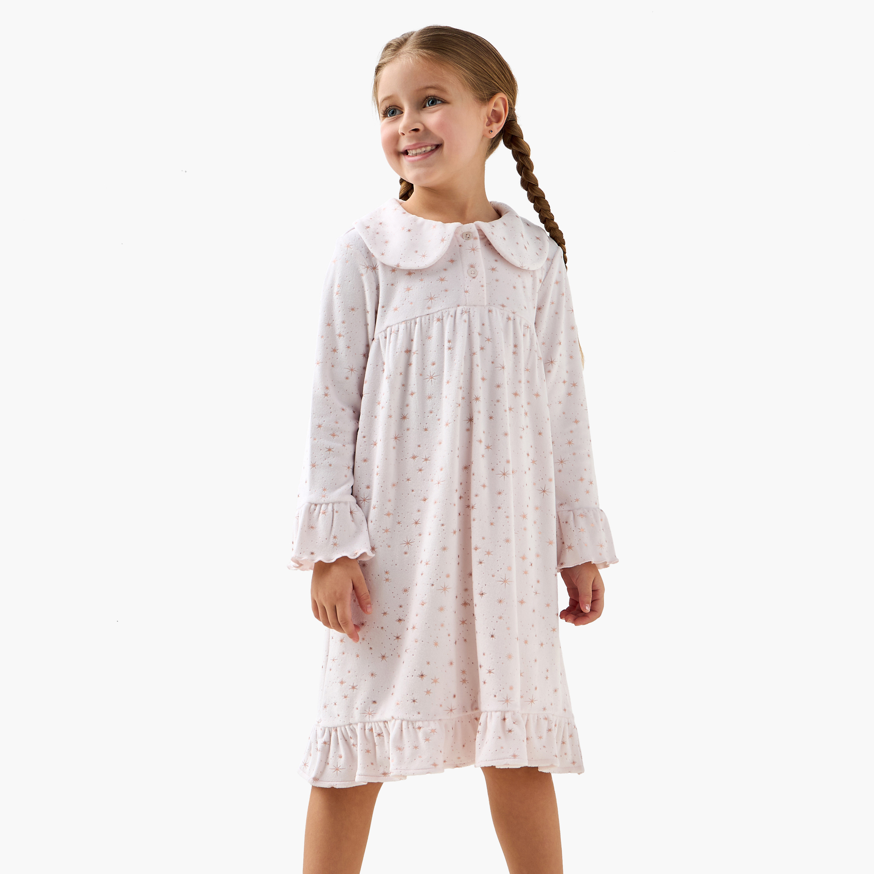 Juniors Cotton Collared Long Sleeves Night Dress with Star Print and Ruffled Hem-girls-clothing-nightwear-image-1