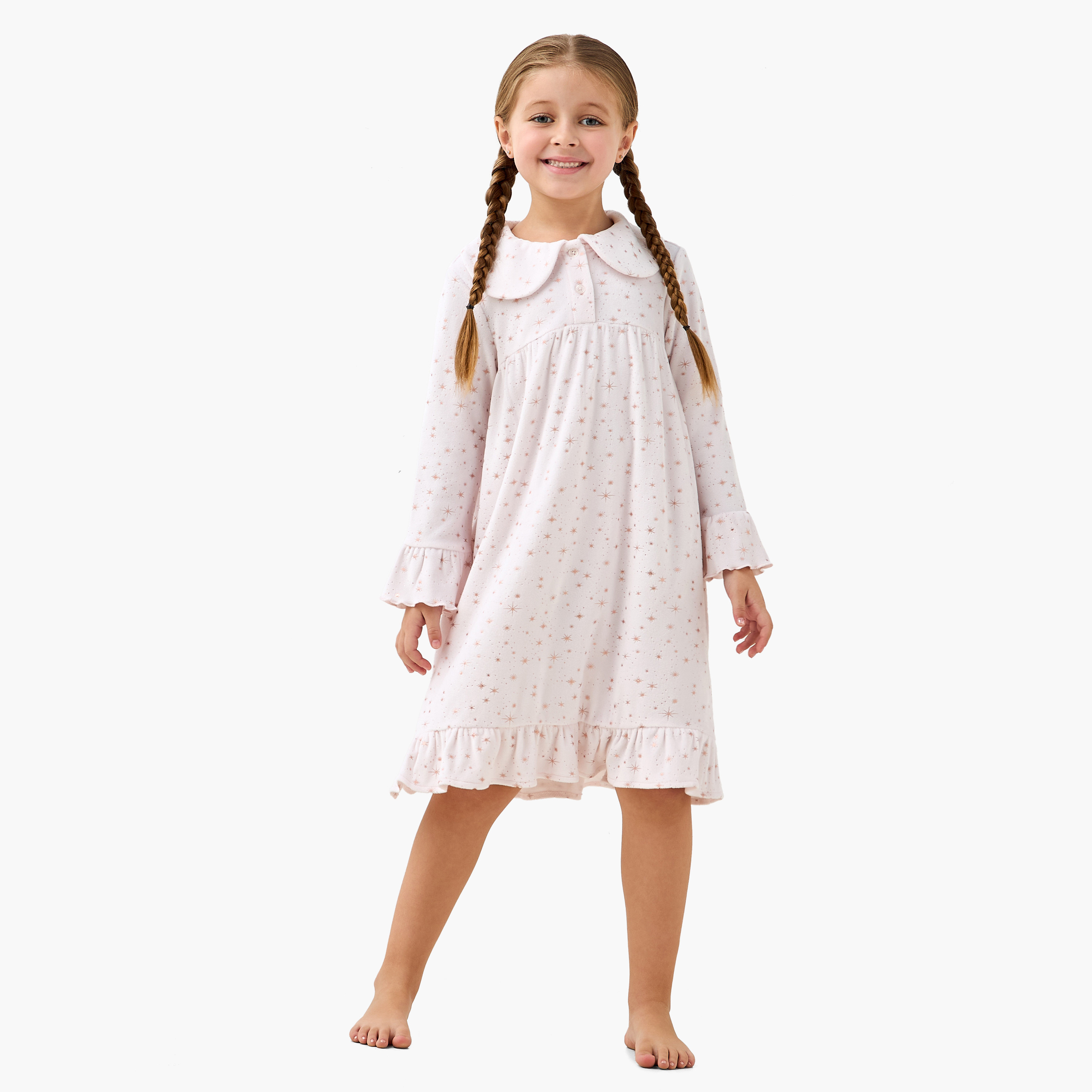 Juniors Cotton Collared Long Sleeves Night Dress with Star Print and Ruffled Hem-girls-clothing-nightwear-image-2