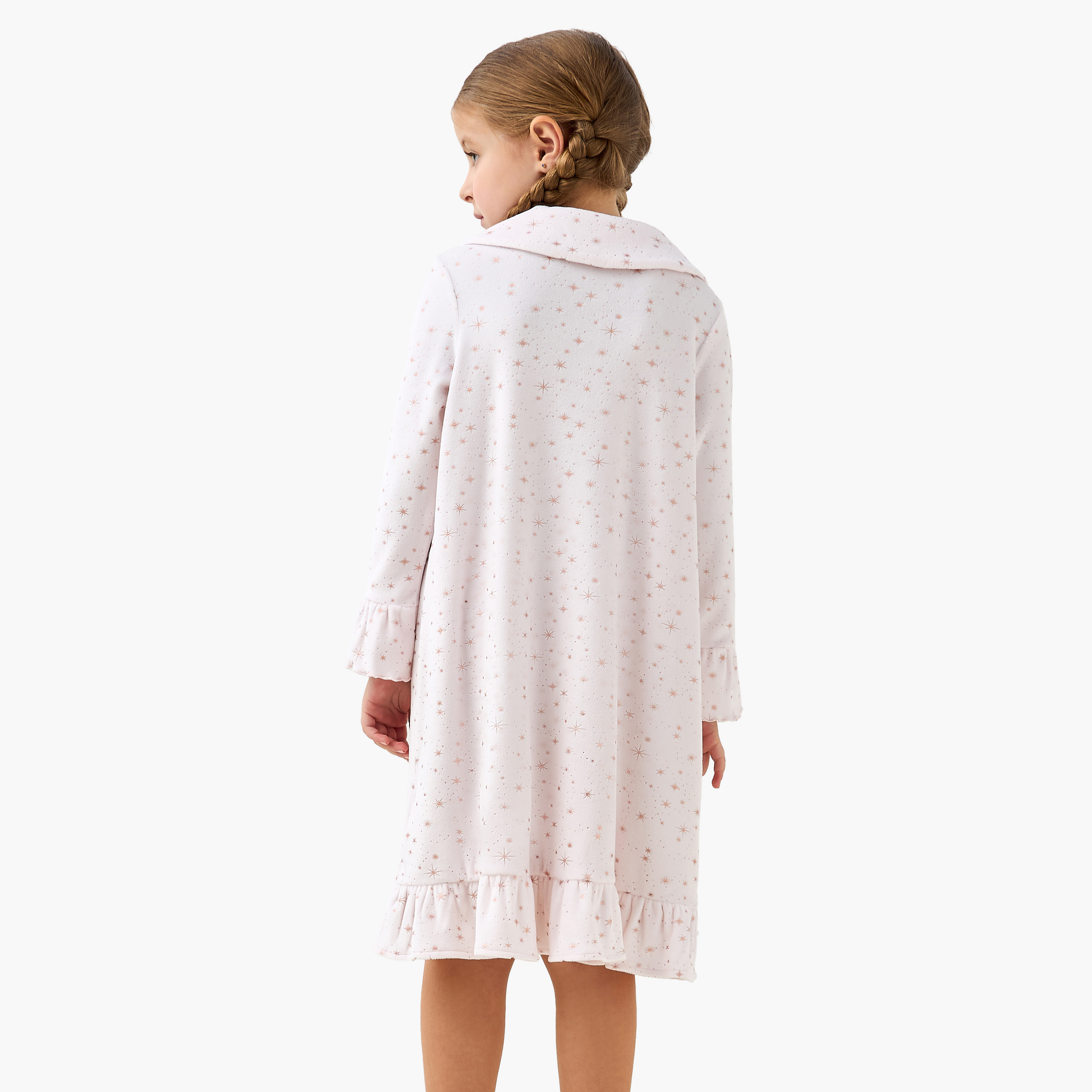 Juniors Cotton Collared Long Sleeves Night Dress with Star Print and Ruffled Hem-girls-clothing-nightwear-image-3