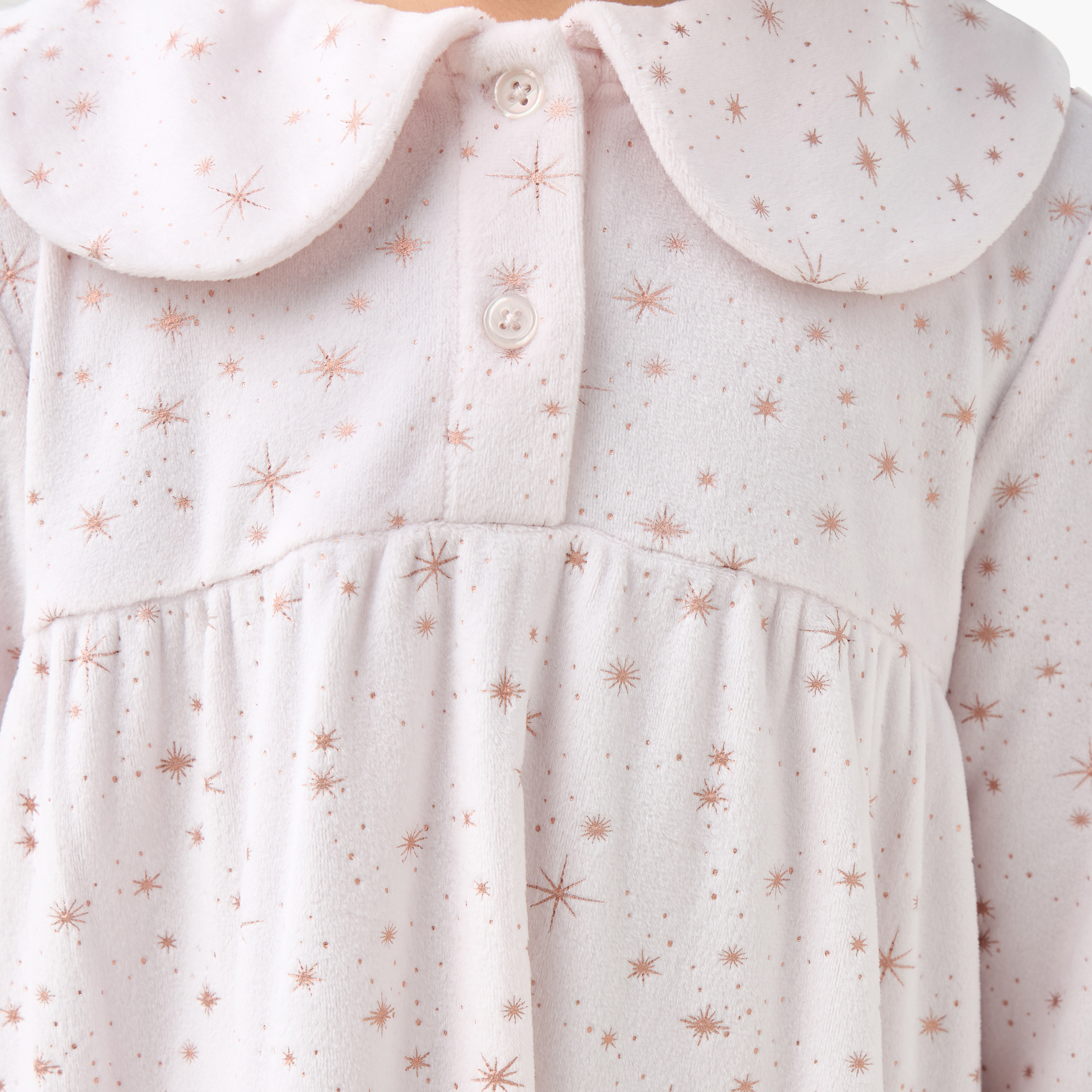 Juniors Cotton Collared Long Sleeves Night Dress with Star Print and Ruffled Hem-girls-clothing-nightwear-image-4