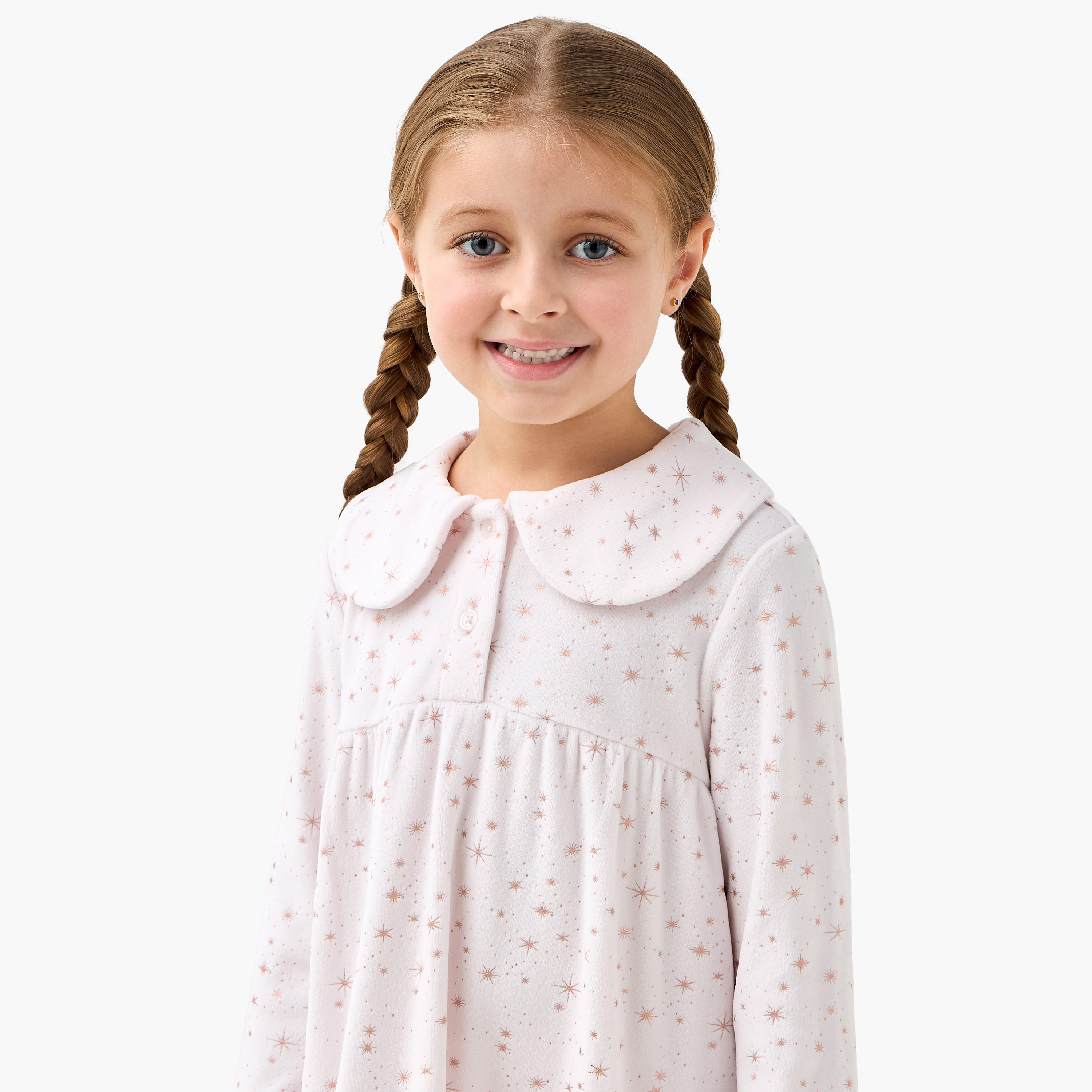 Juniors Cotton Collared Long Sleeves Night Dress with Star Print and Ruffled Hem-girls-clothing-nightwear-image-5