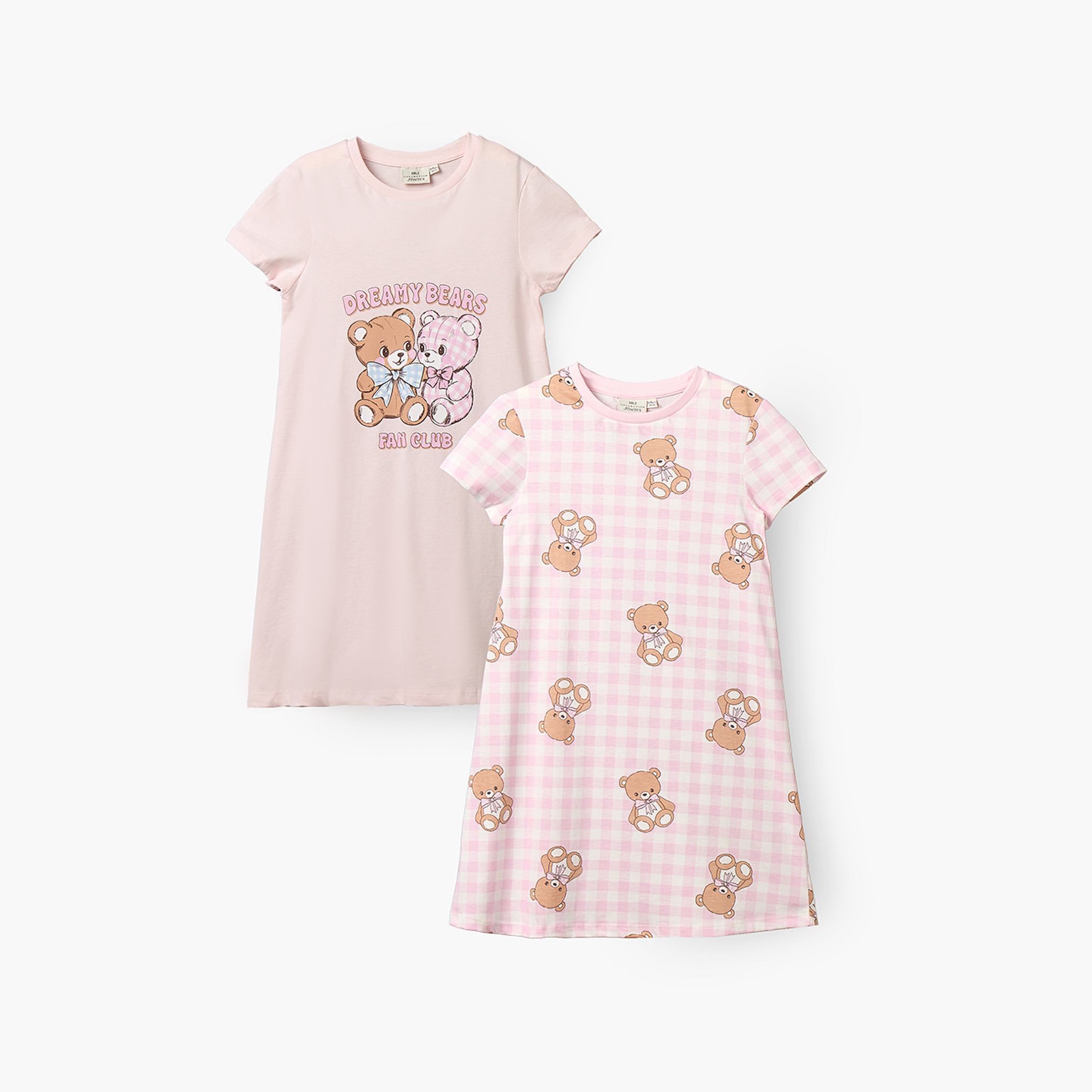 طقم قميص نوم قطني بياقة مستديرة وأكمام قصيرة بطبعة دب من جونيورز - قطعتين-girls-clothing-nightwear-image-1