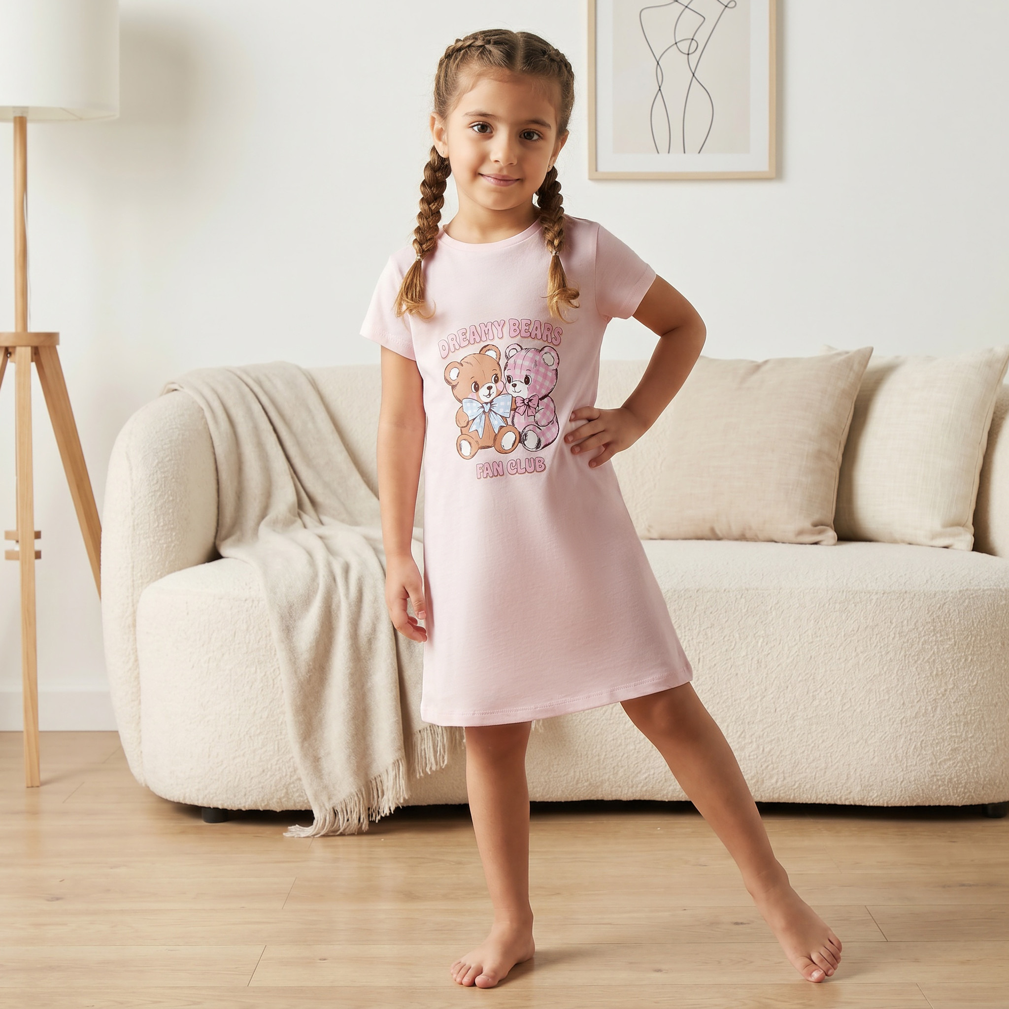 طقم قميص نوم قطني بياقة مستديرة وأكمام قصيرة بطبعة دب من جونيورز - قطعتين-girls-clothing-nightwear-image-2