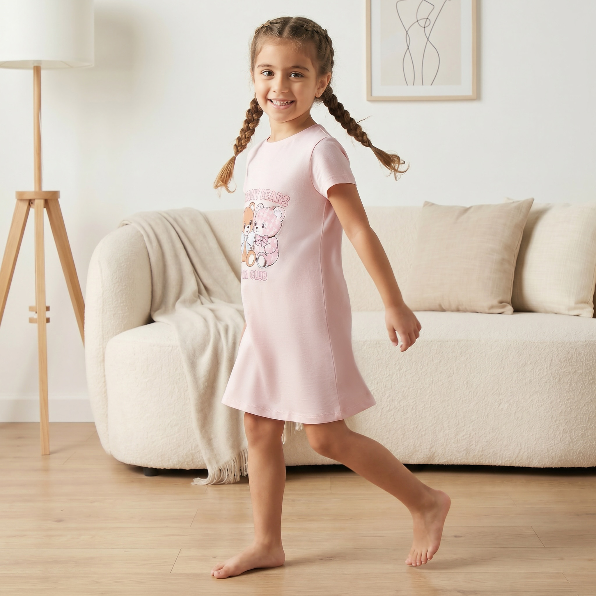 طقم قميص نوم قطني بياقة مستديرة وأكمام قصيرة بطبعة دب من جونيورز - قطعتين-girls-clothing-nightwear-image-5