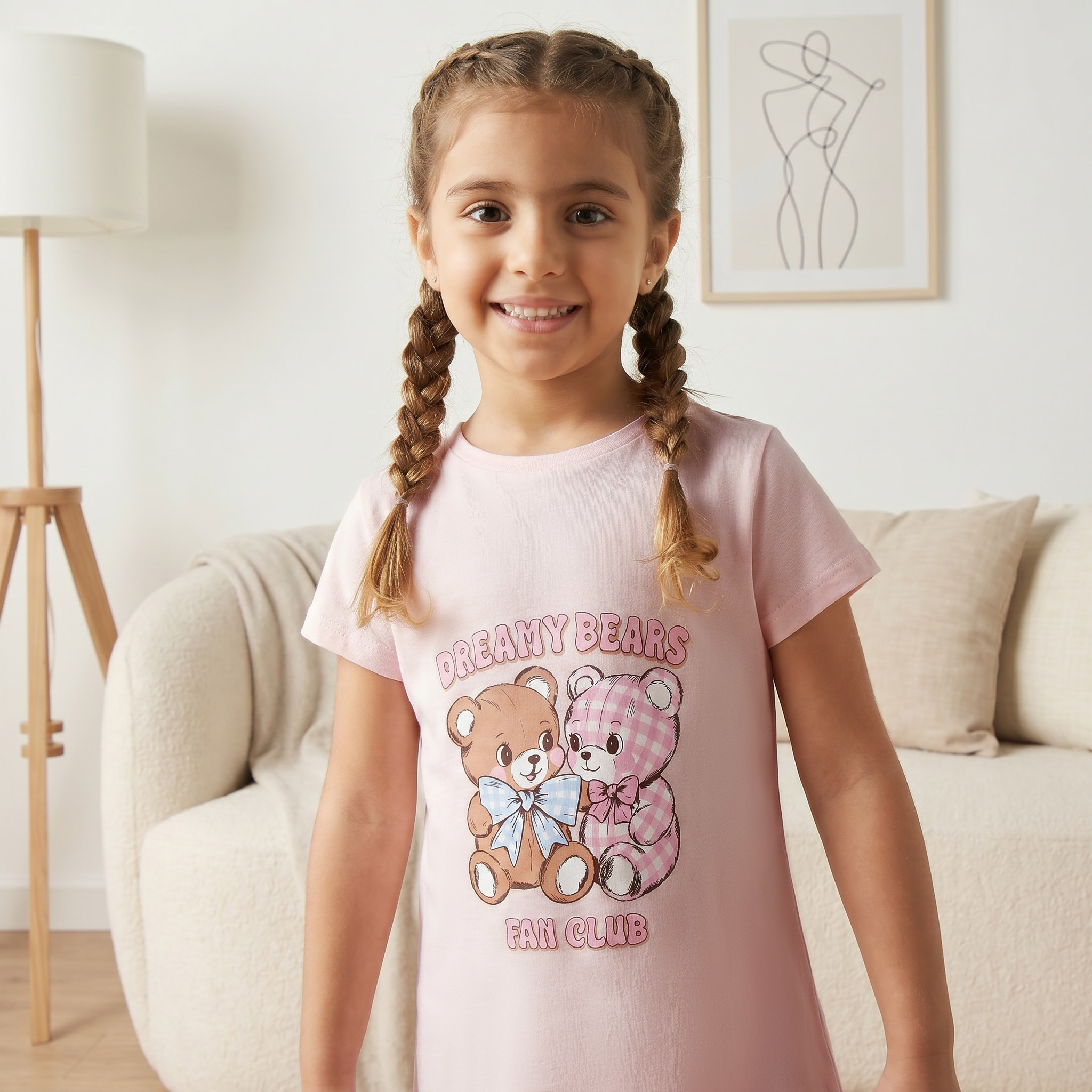 طقم قميص نوم قطني بياقة مستديرة وأكمام قصيرة بطبعة دب من جونيورز - قطعتين-girls-clothing-nightwear-image-6