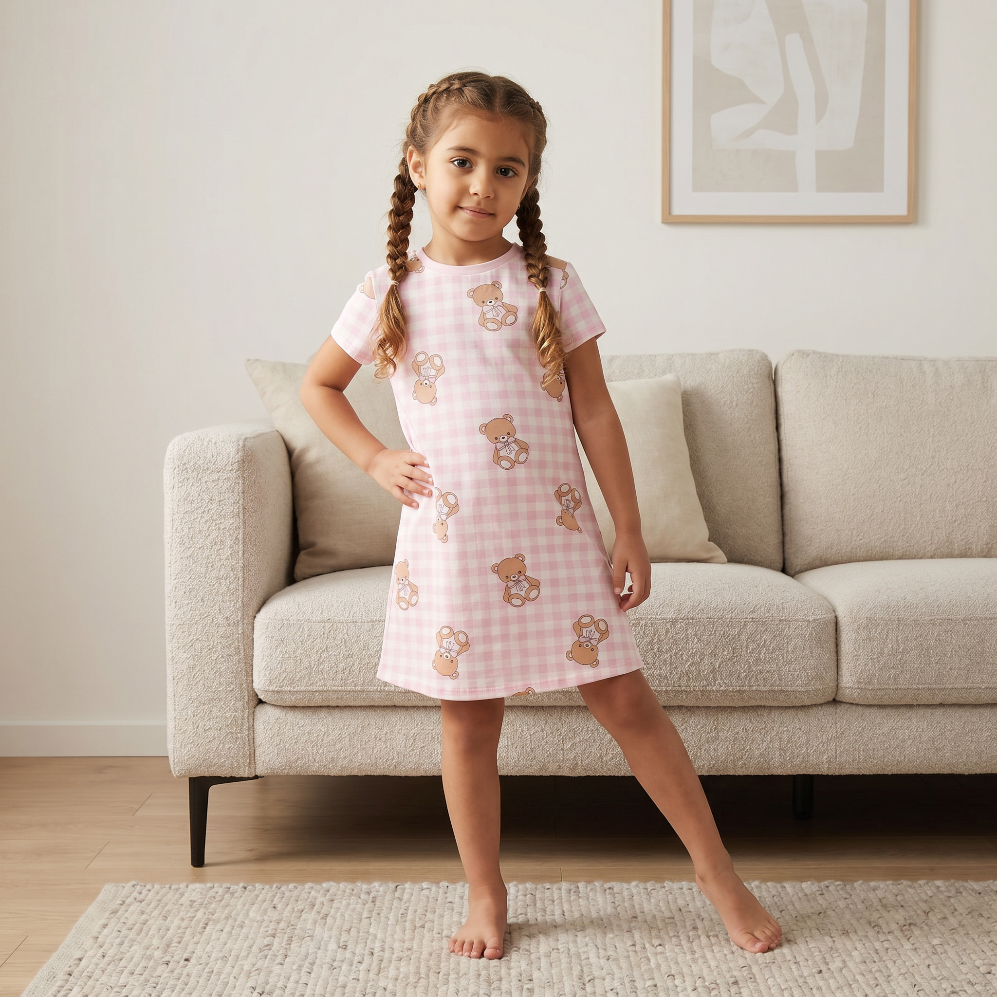 طقم قميص نوم قطني بياقة مستديرة وأكمام قصيرة بطبعة دب من جونيورز - قطعتين-girls-clothing-nightwear-image-7