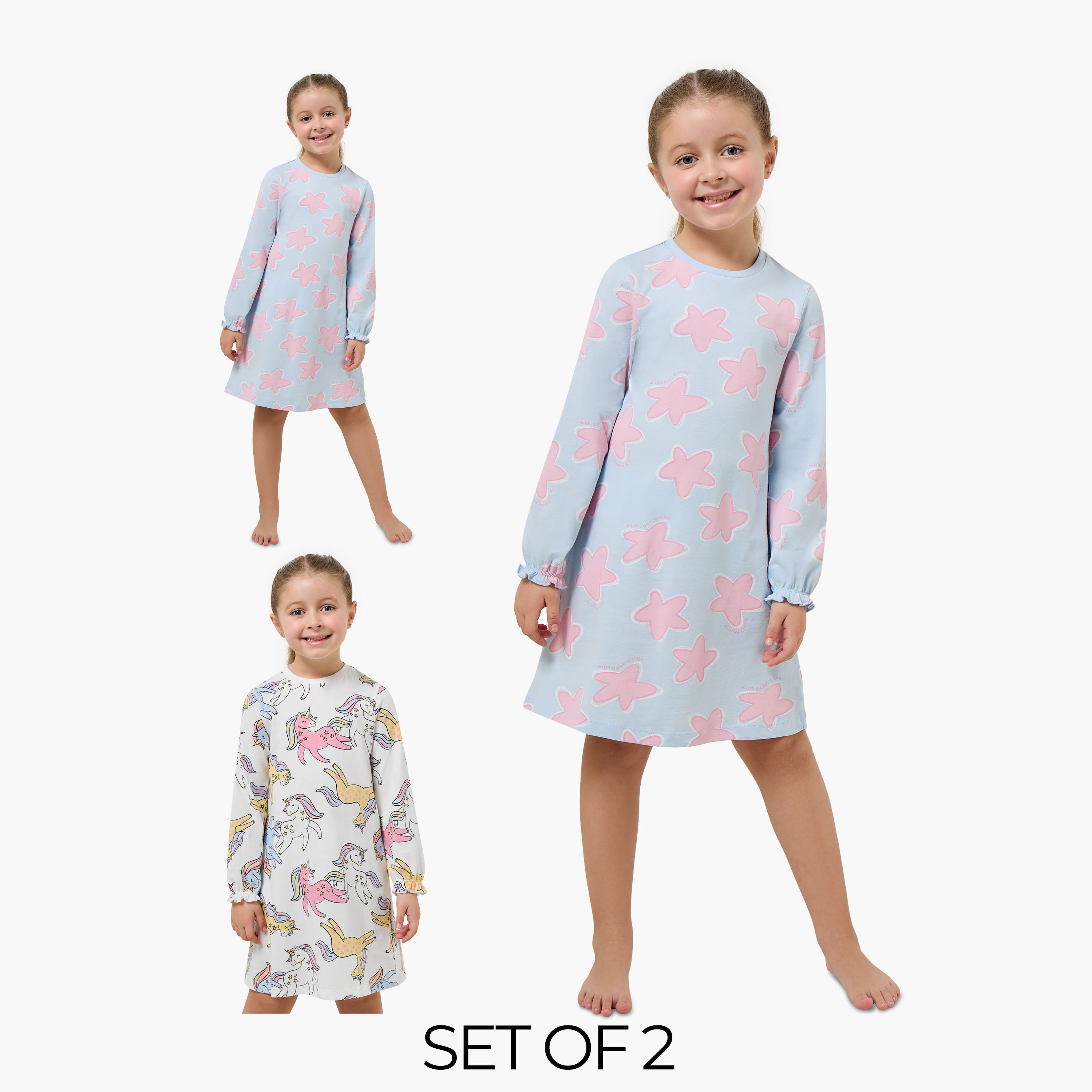 Pack of 2 Juniors Crew Neck Long Sleeves Night Dress with Fun Prints-girls-clothing-nightwear-image-1