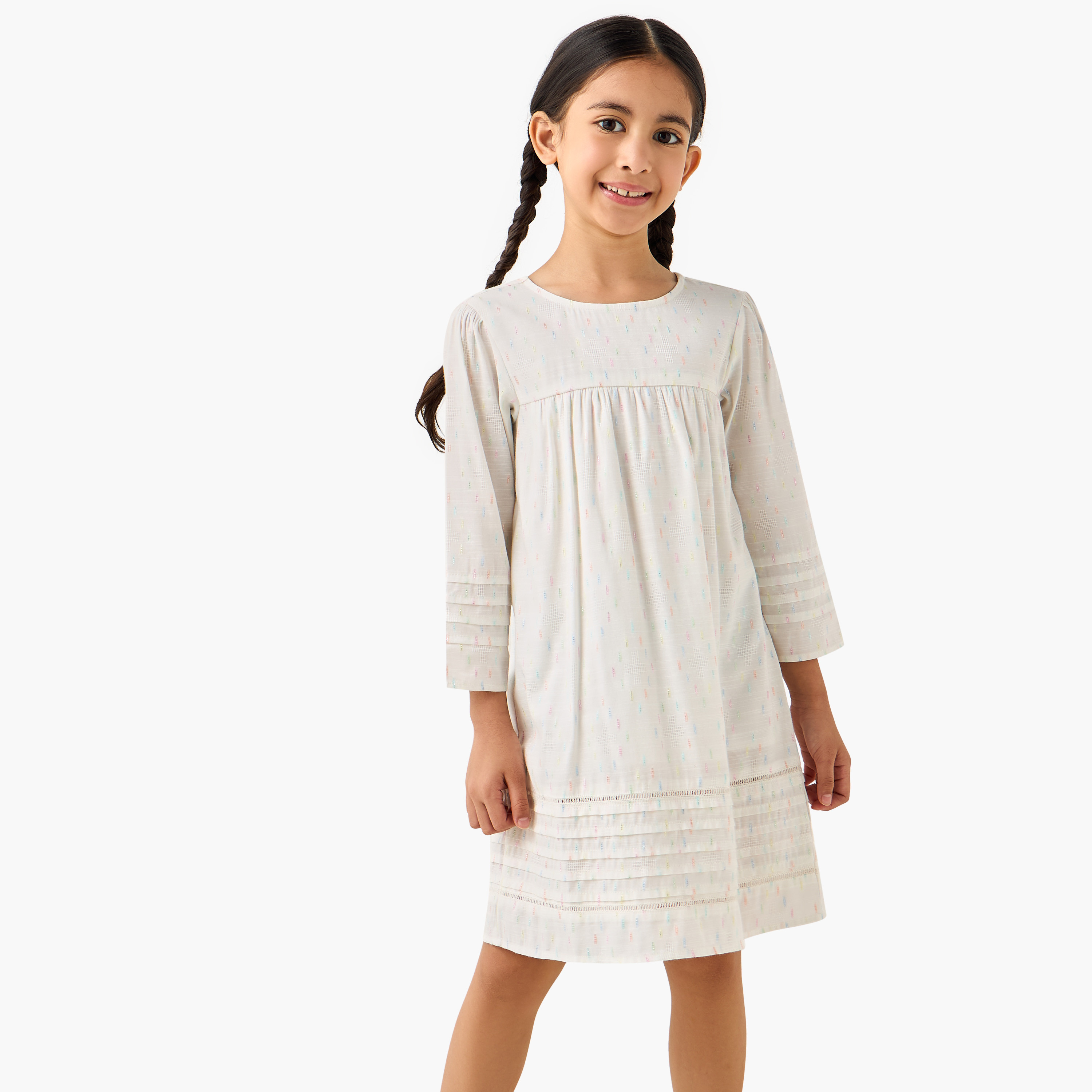 Juniors Cotton Round Neck Long Sleeves Night Dress with Textured Design-girls-clothing-nightwear-image-1