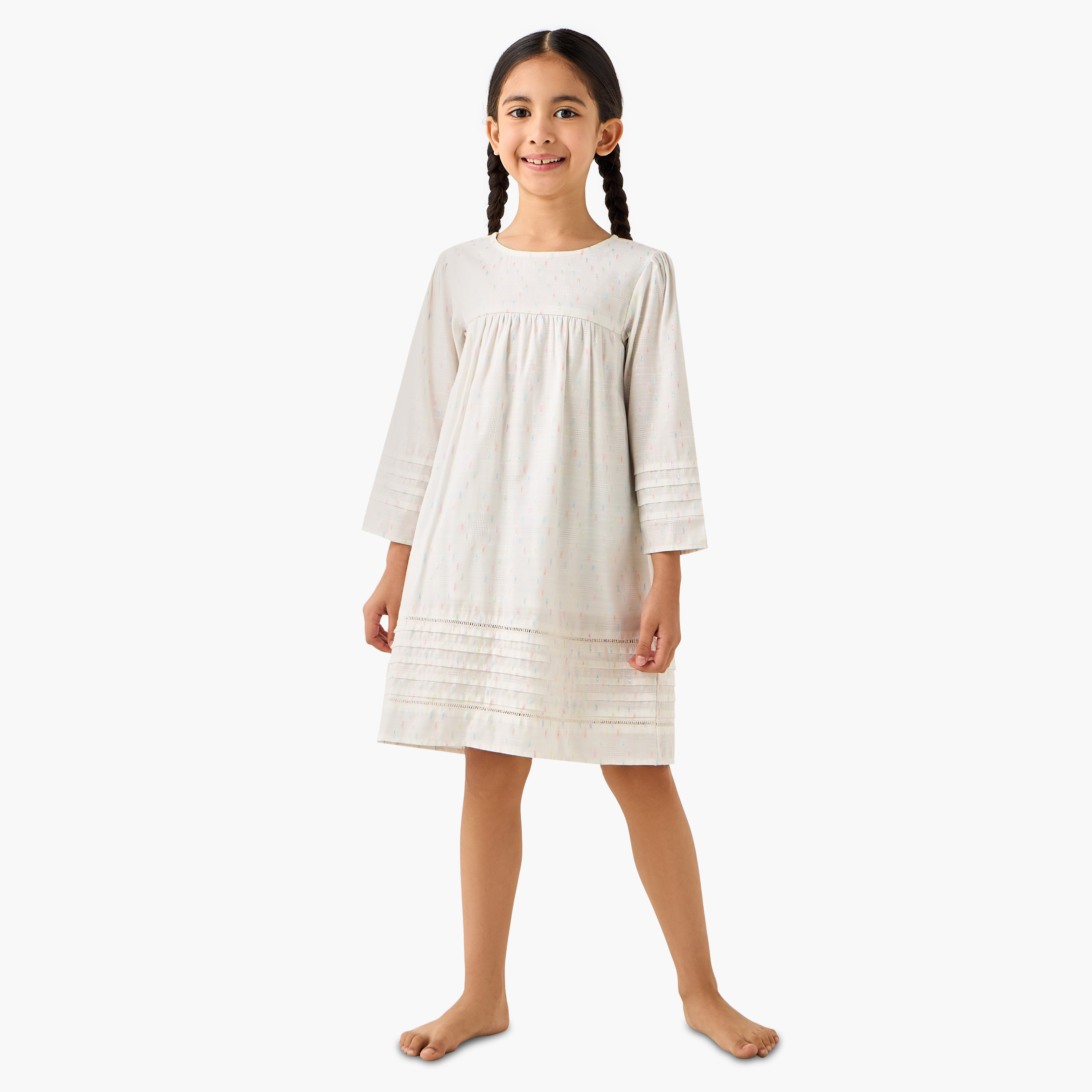 Juniors Cotton Round Neck Long Sleeves Night Dress with Textured Design-girls-clothing-nightwear-image-2
