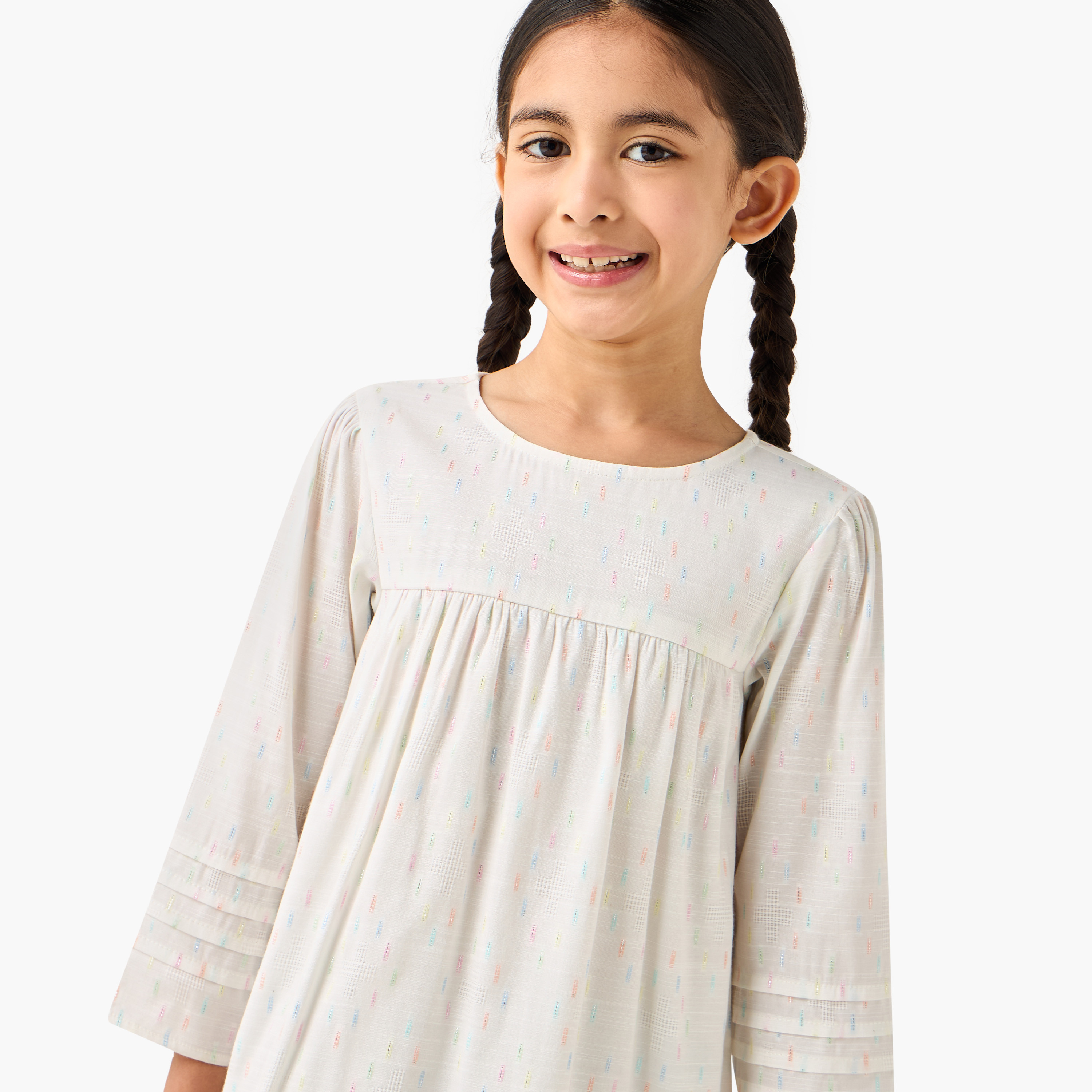 Juniors Cotton Round Neck Long Sleeves Night Dress with Textured Design-girls-clothing-nightwear-image-4