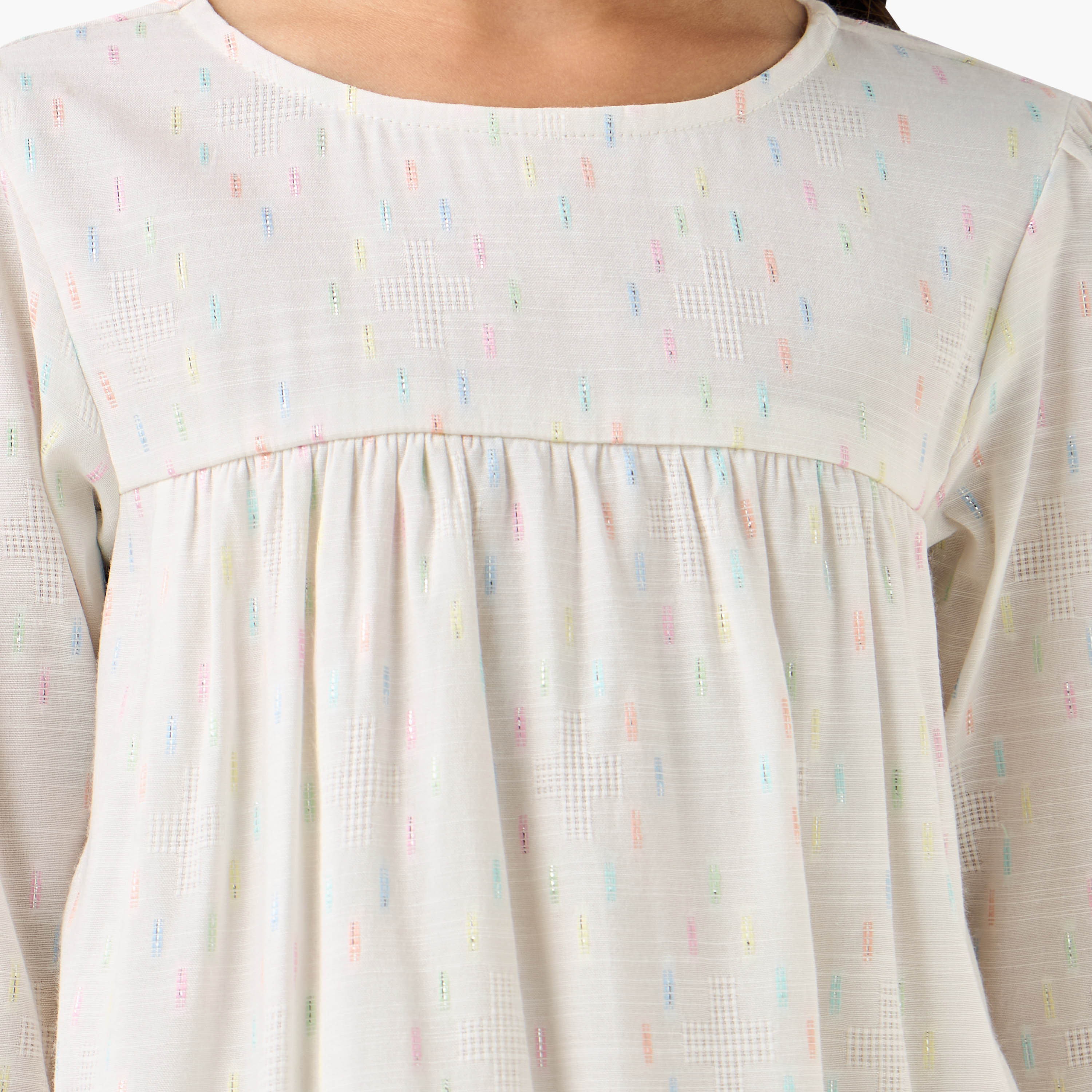 Juniors Cotton Round Neck Long Sleeves Night Dress with Textured Design-girls-clothing-nightwear-image-5