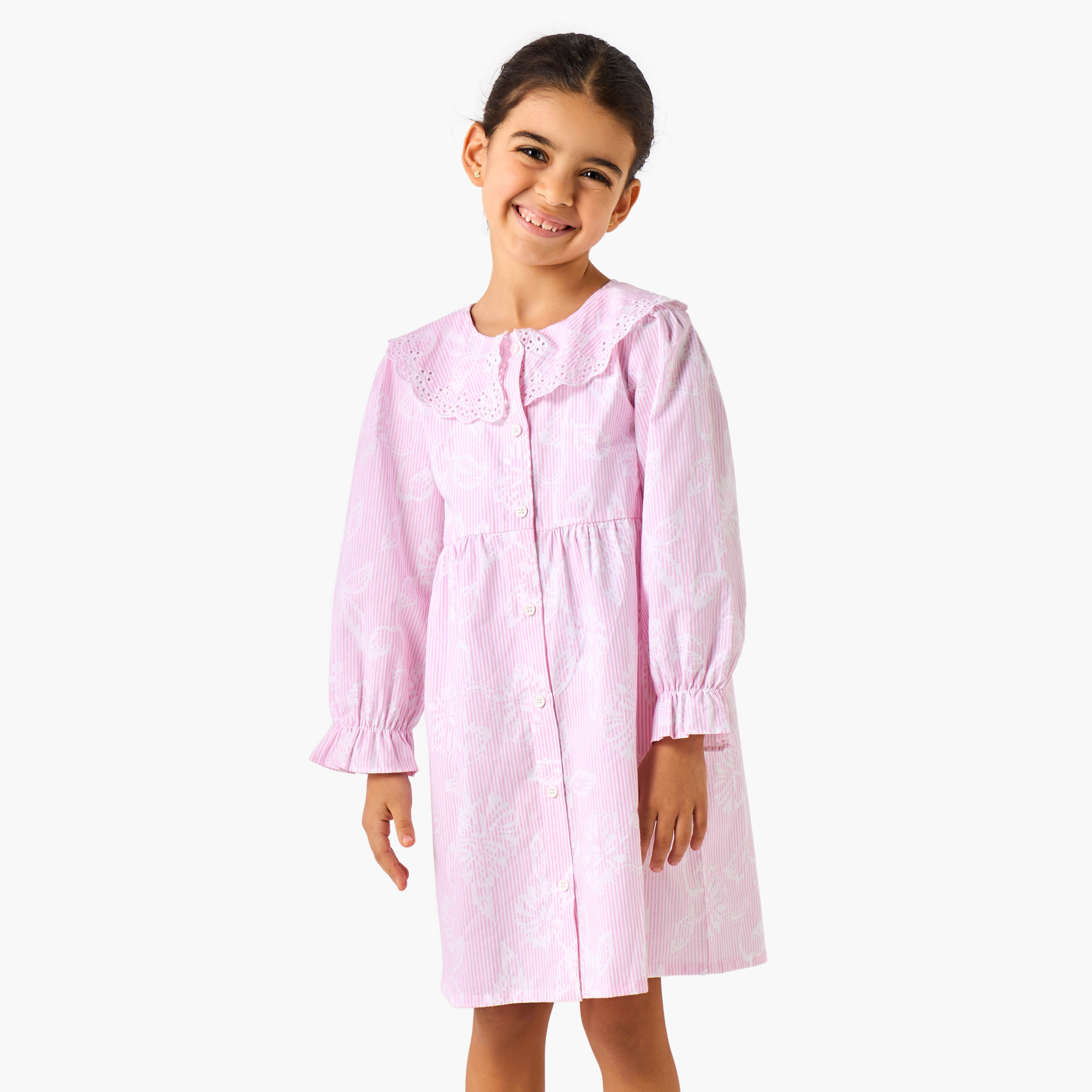 Juniors Cotton Peter Pan Collar Long Sleeves Night Dress with Schiffli Embroidery-girls-clothing-nightwear-image-1